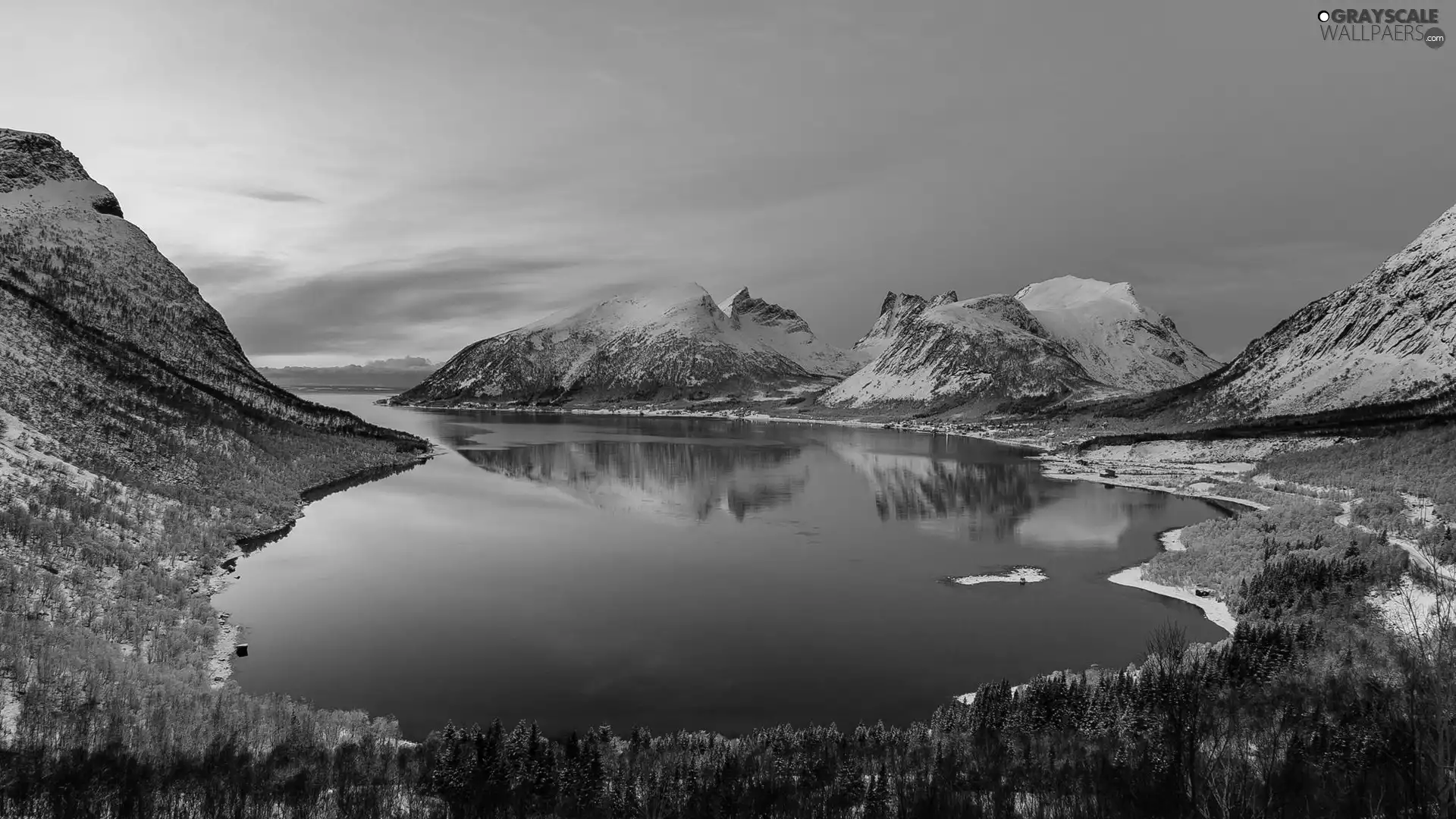 lake, woods, winter, Mountains