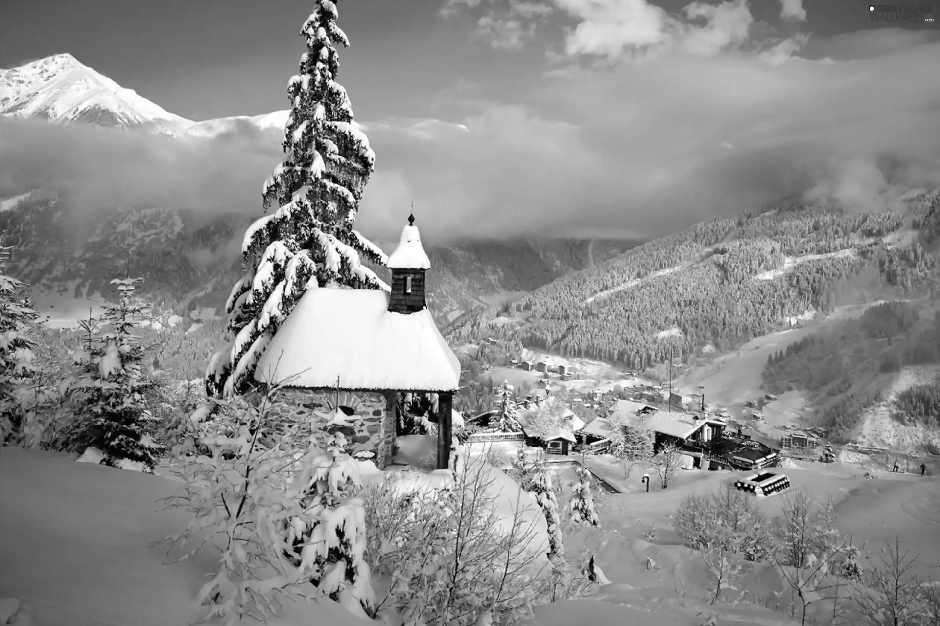 mountain, church, winter, Town