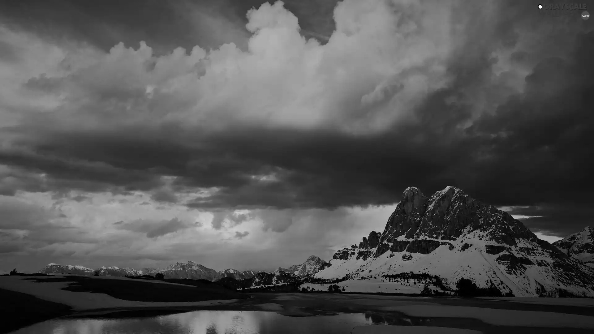 Mountains, clouds, winter, lake