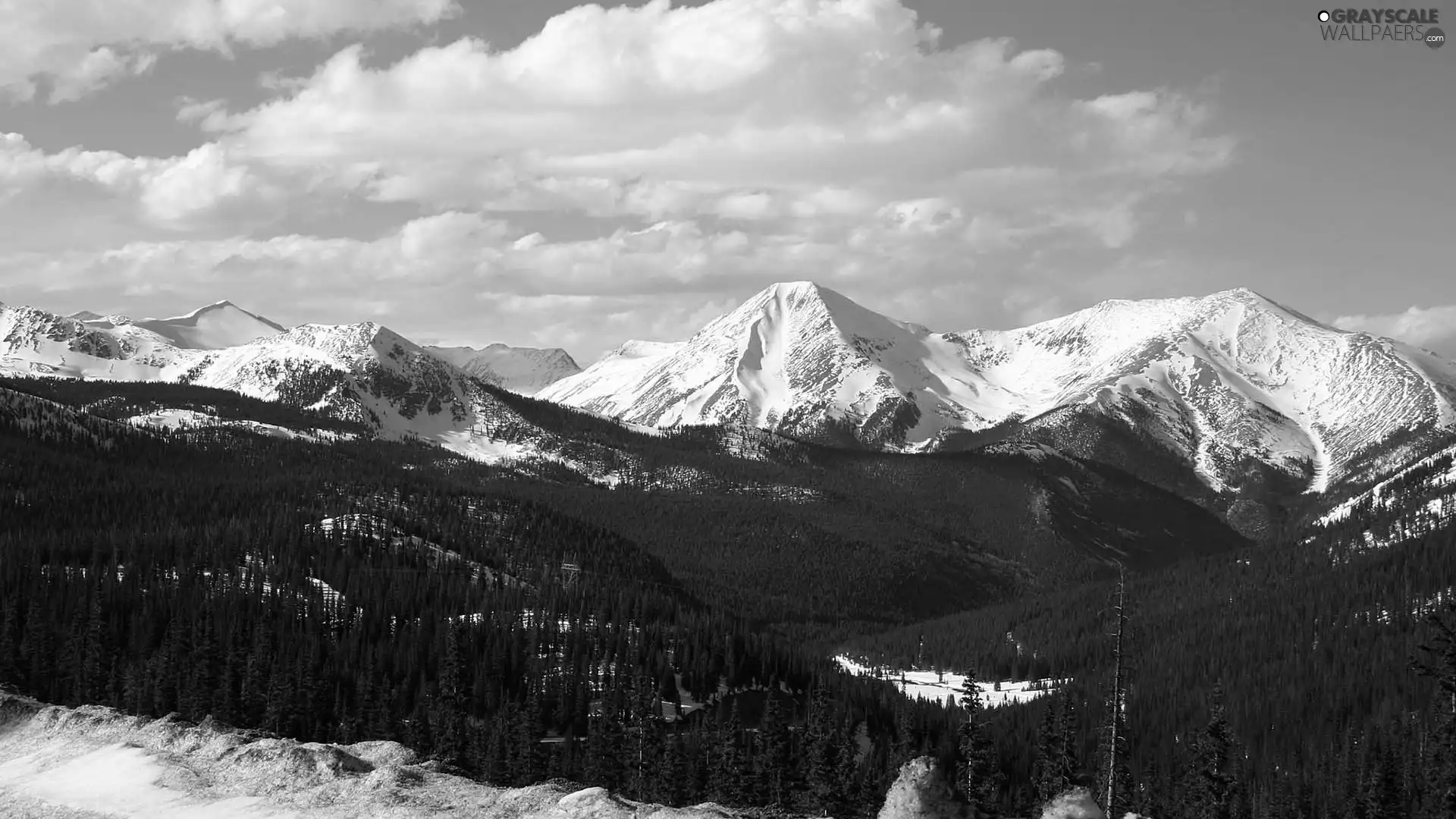 Mountains, clouds, winter, woods