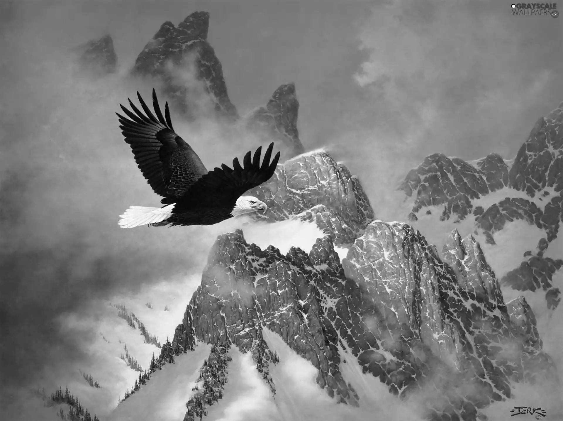 American Bald Eagle, winter, painting, Mountains