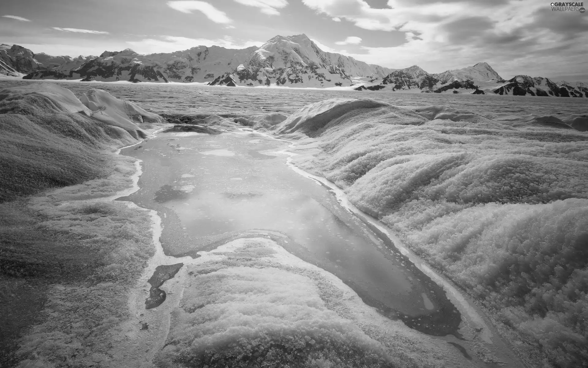 Mountains, lake, winter, frozen