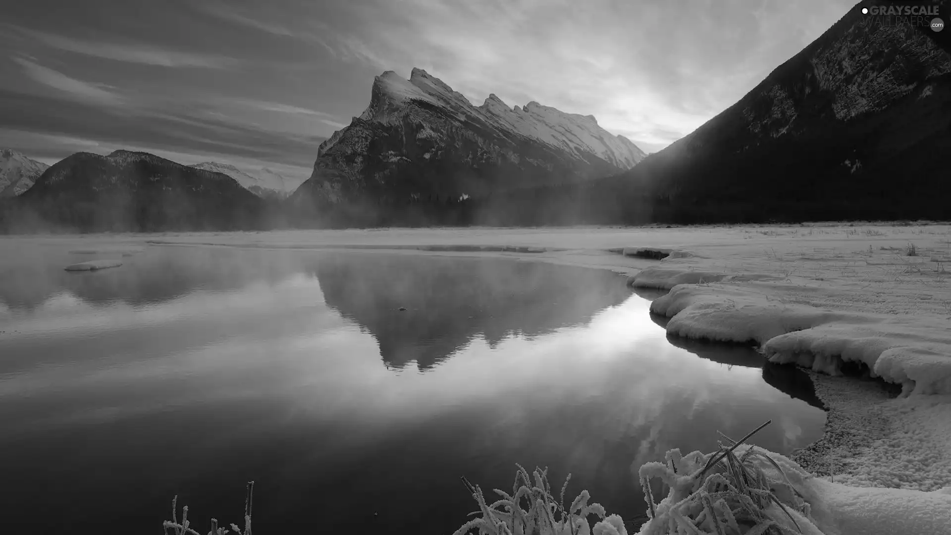 Fog, winter, Mountains, Sunrise, lake
