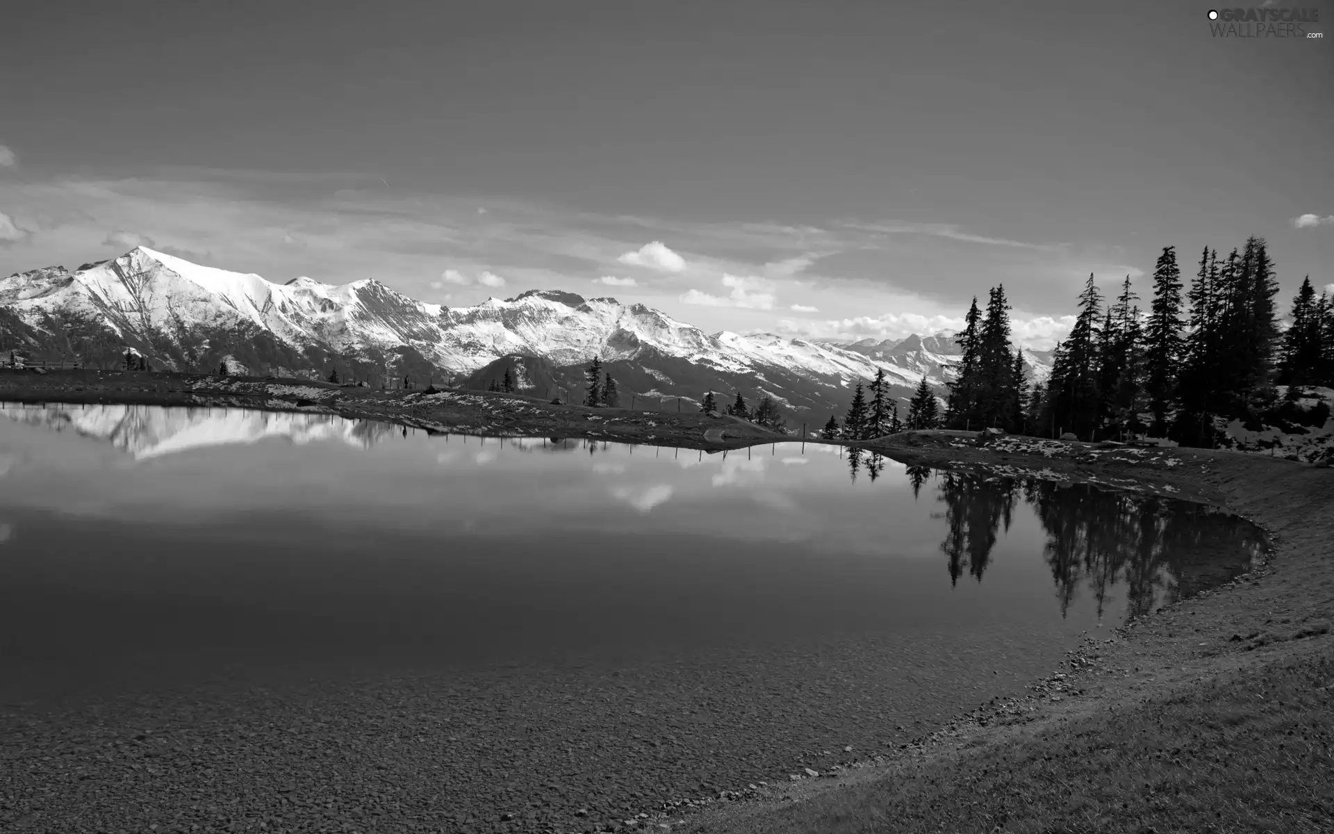 Mountains, lake, winter, woods