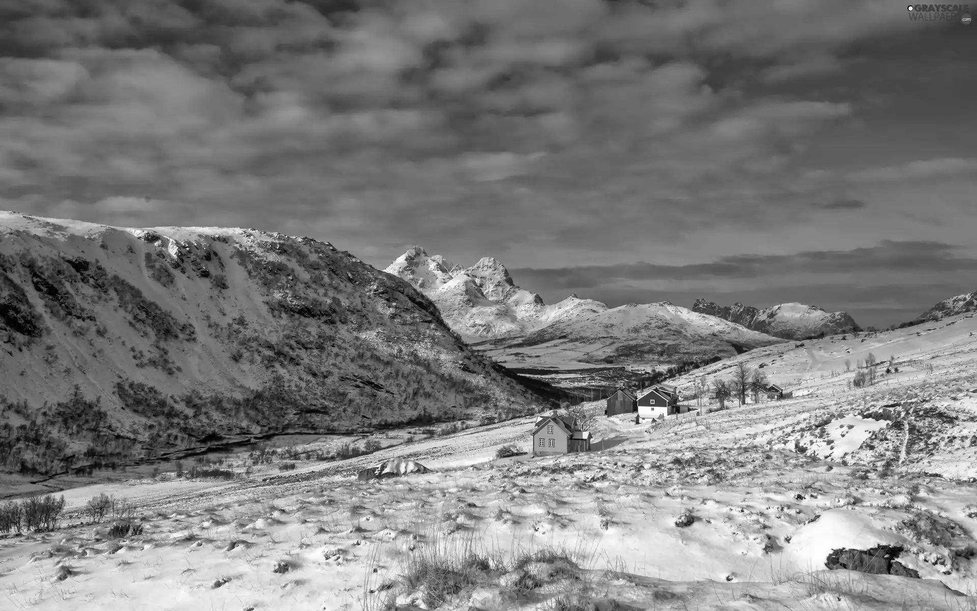 Mountains, Norway, winter, Houses