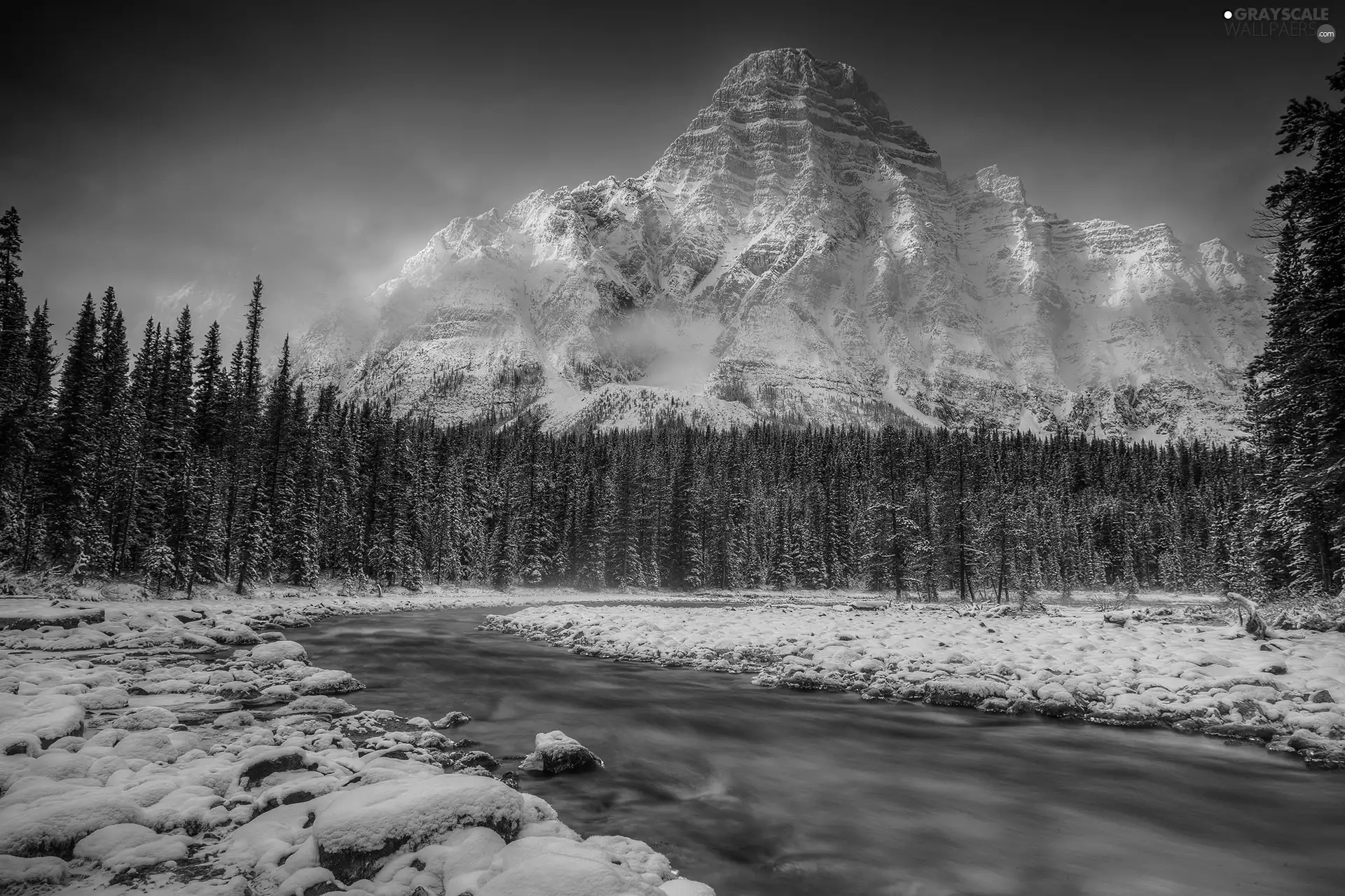 Mountains, River, winter, forest