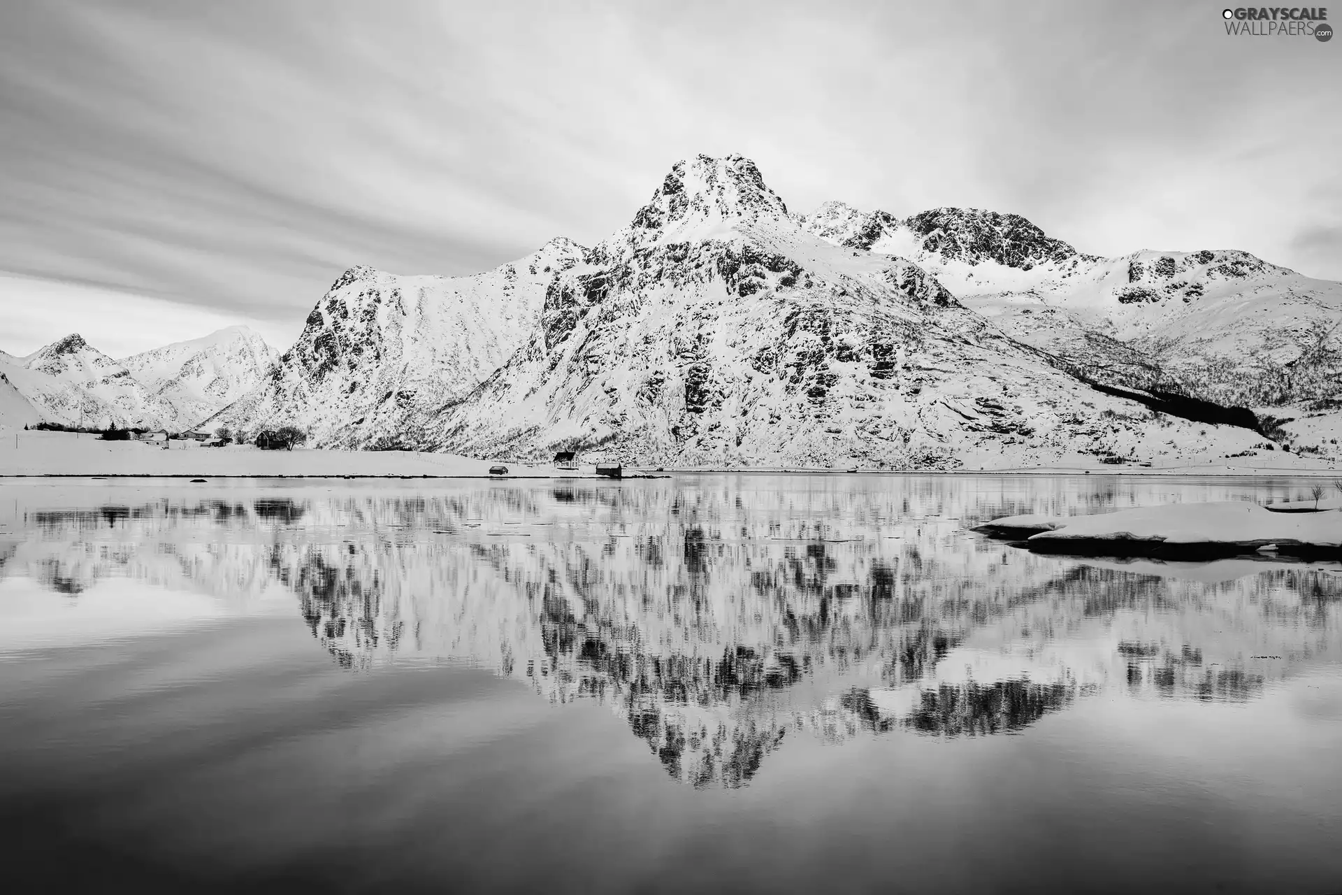 Mountains, snow, winter, lake