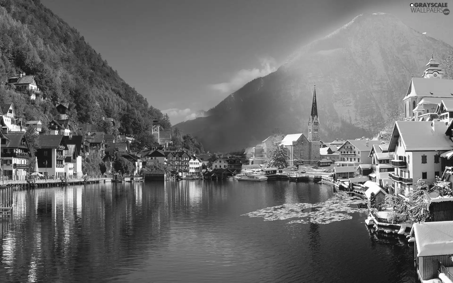 Mountains, Town, winter, lake
