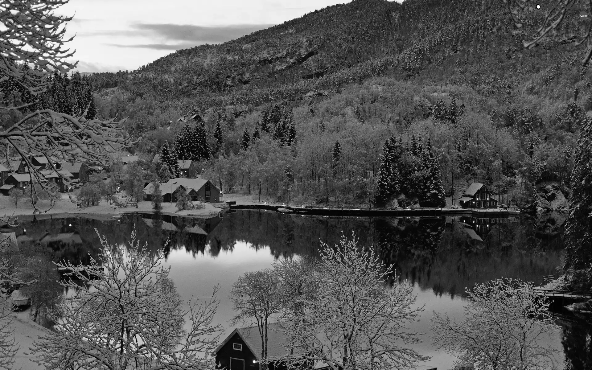 winter, Night, Mountains, Houses, River