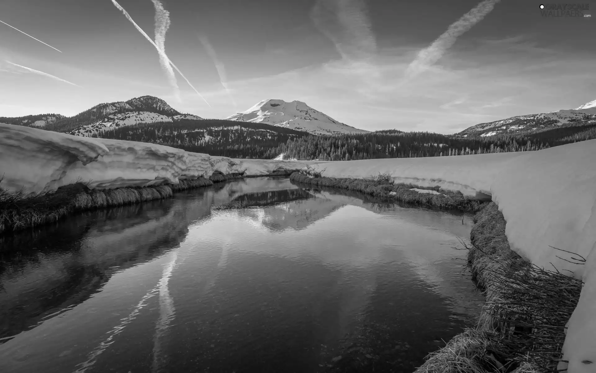 River, woods, winter, Mountains