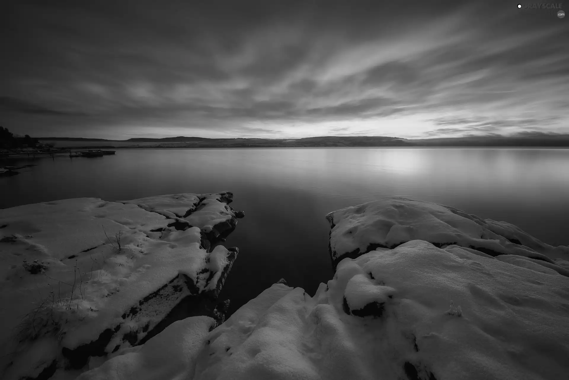 winter, Lake Tyrifjorden, clouds, Stones, Norway, snow, Great Sunsets