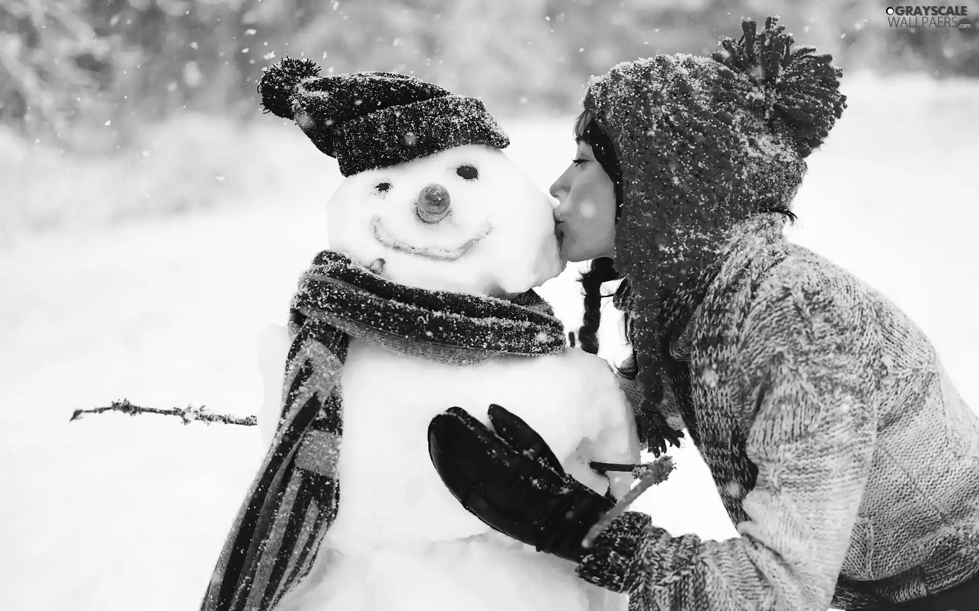 winter, snow, girl, kiss, Snowman