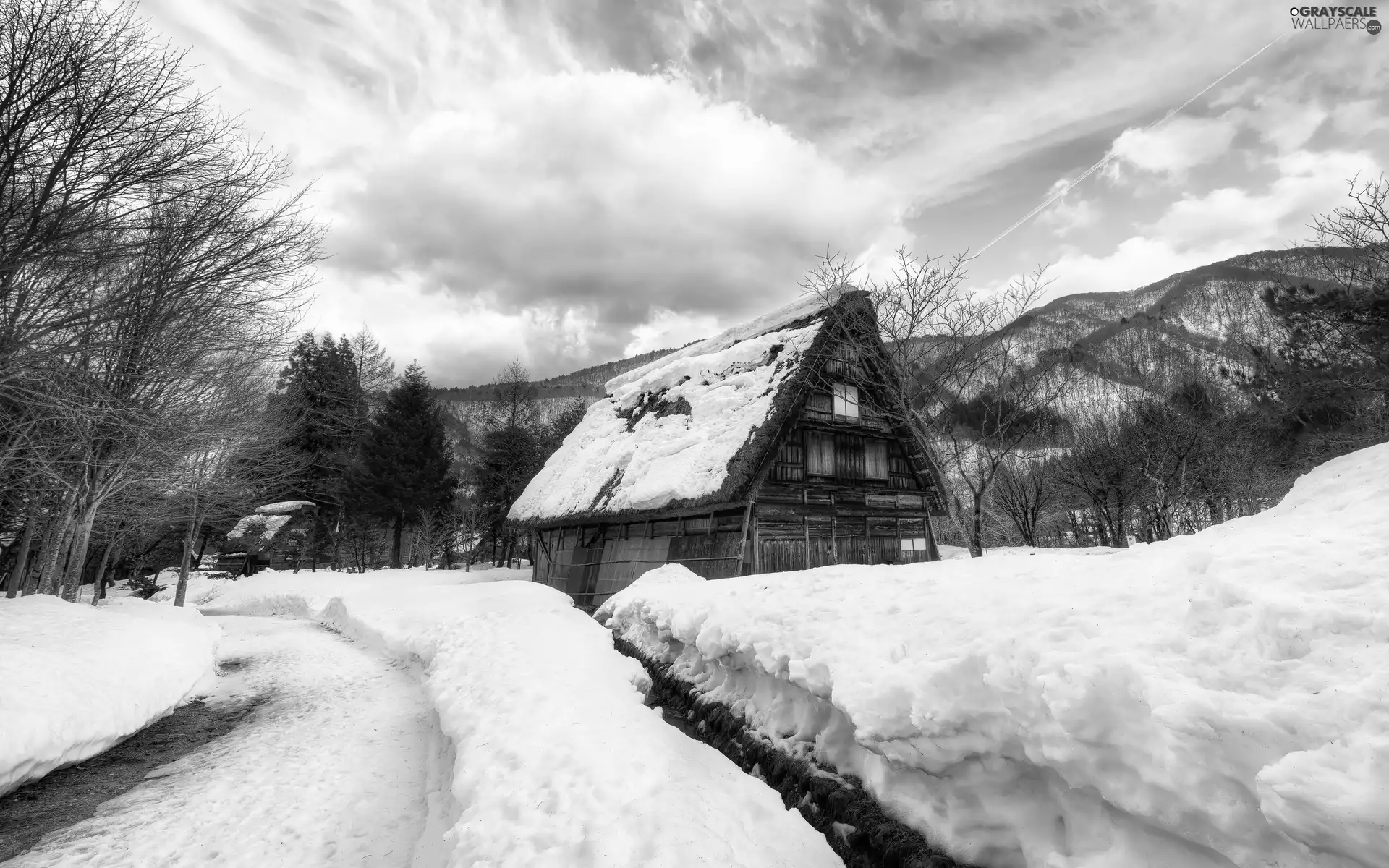 Way, Mountains, winter, house