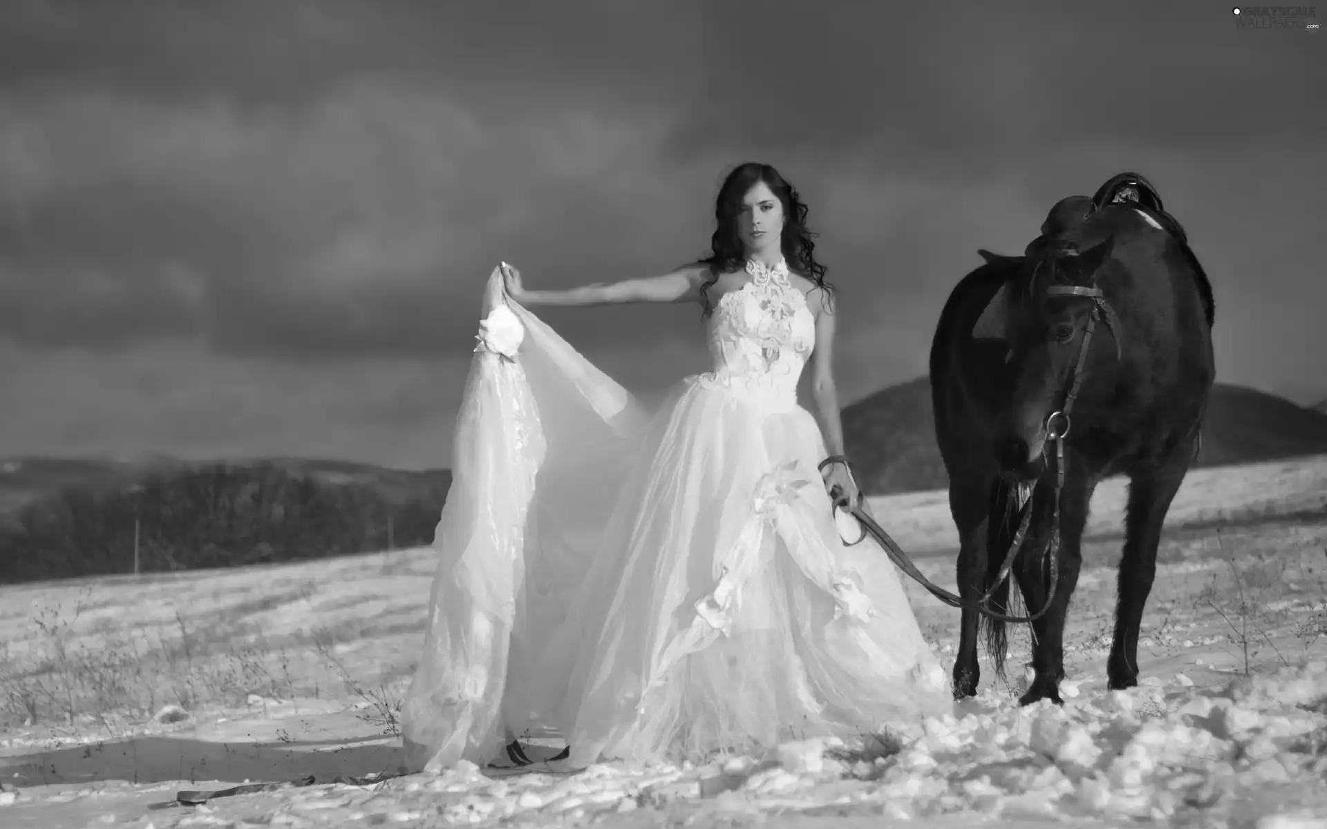 Women, Mountains, winter, Horse