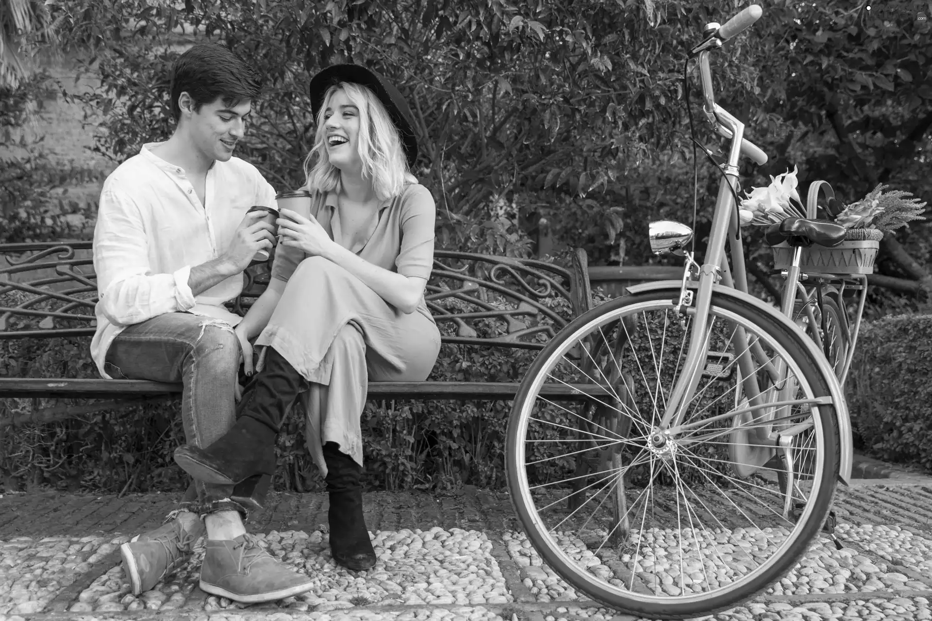 Women, Bench, Smile, Hat, basket, Flowers, coffee, Bike, a man