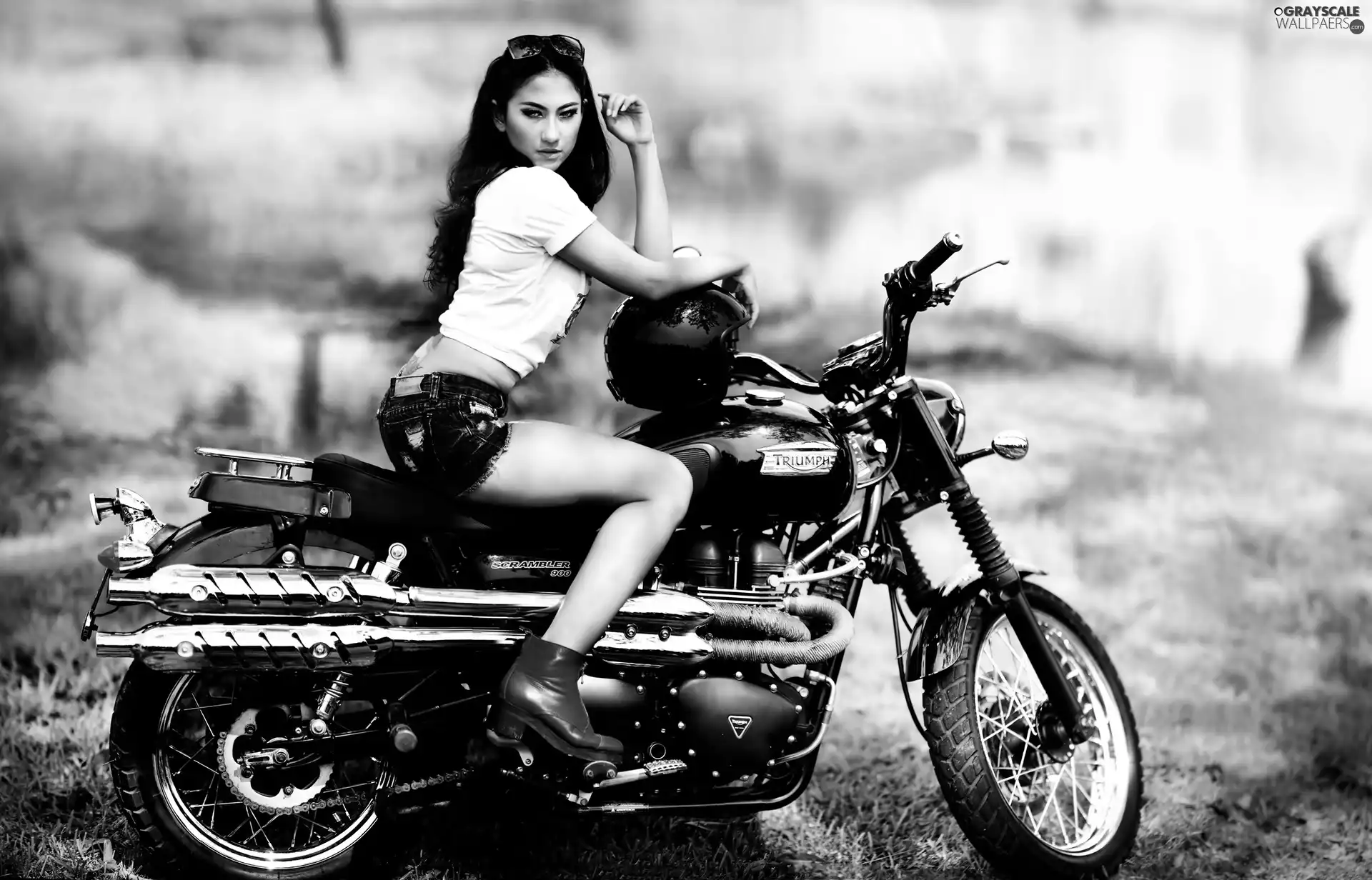 Women, brunette, Triumph, Scrambler, Motorbike