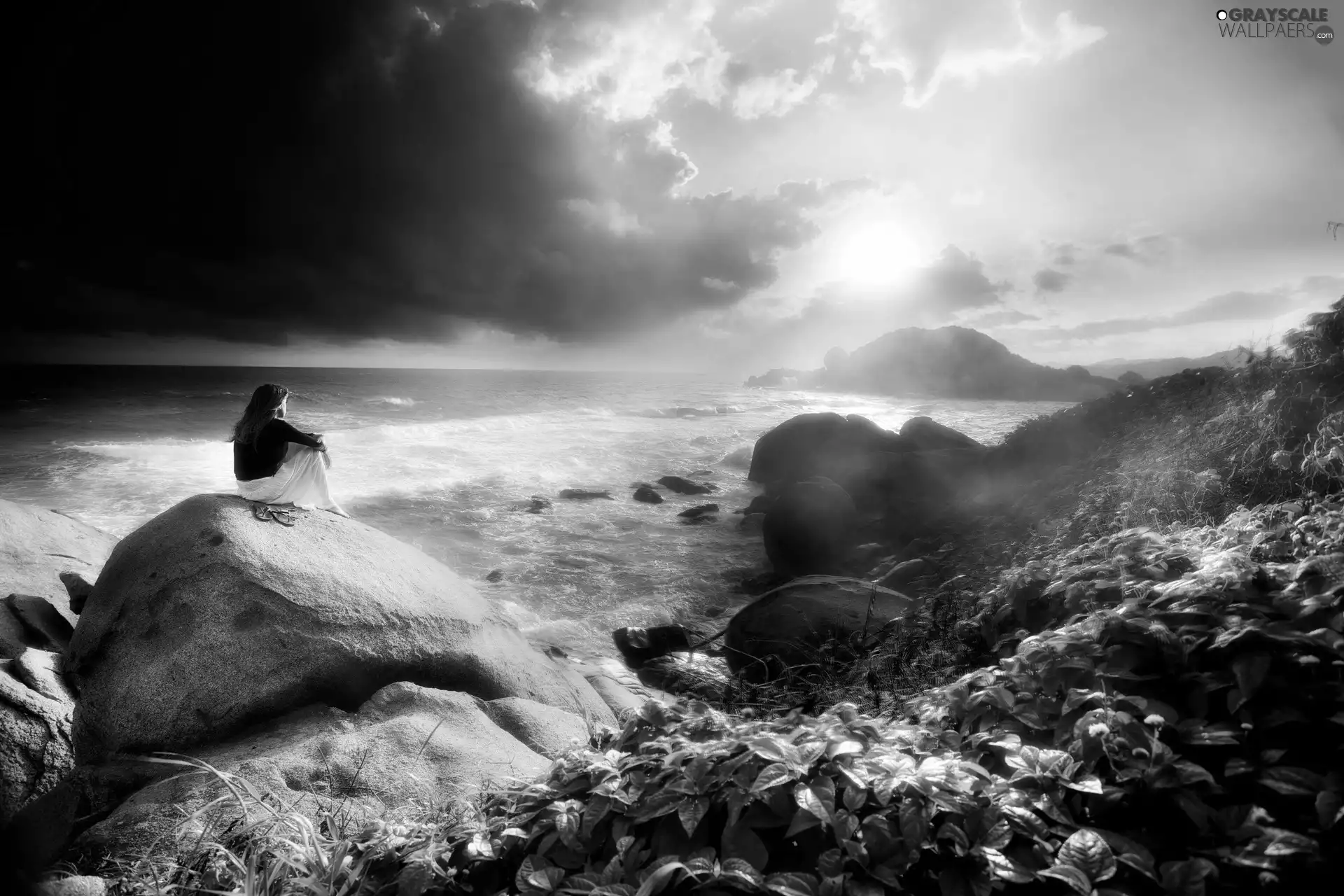 Women, sea, Stones