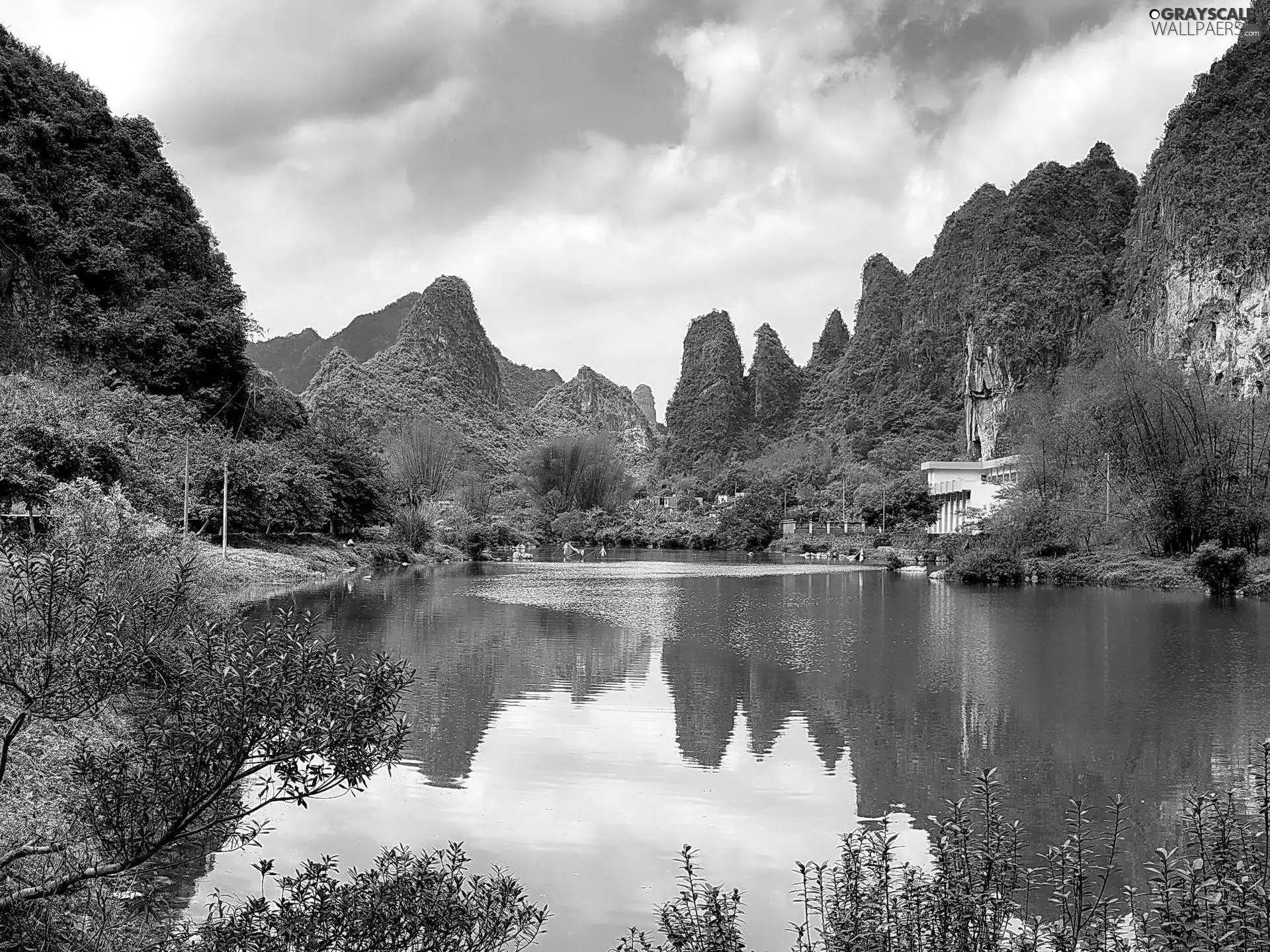 Wooded, greenery, House, Mountains, lake