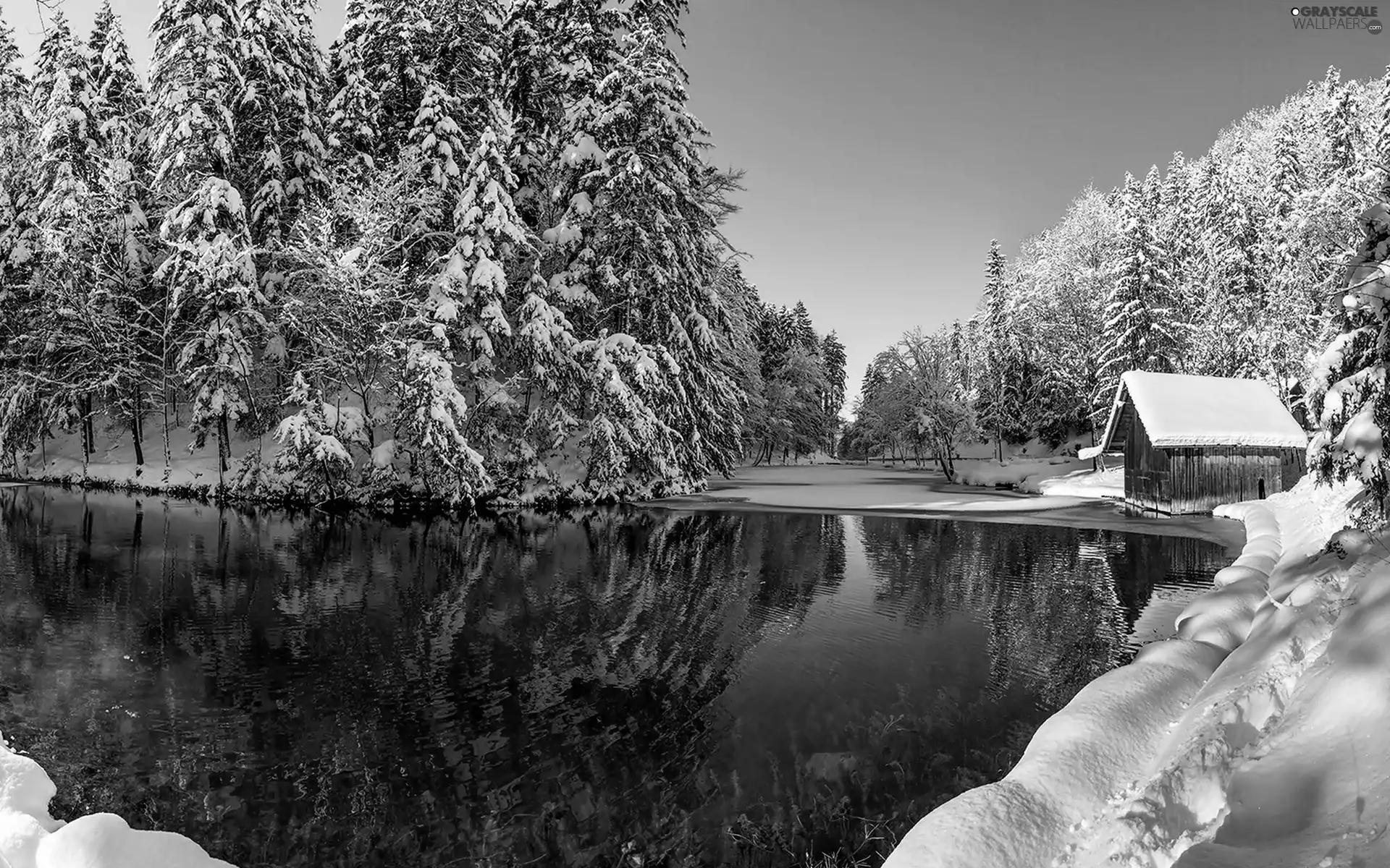 Wooden, cote, River, forest, winter