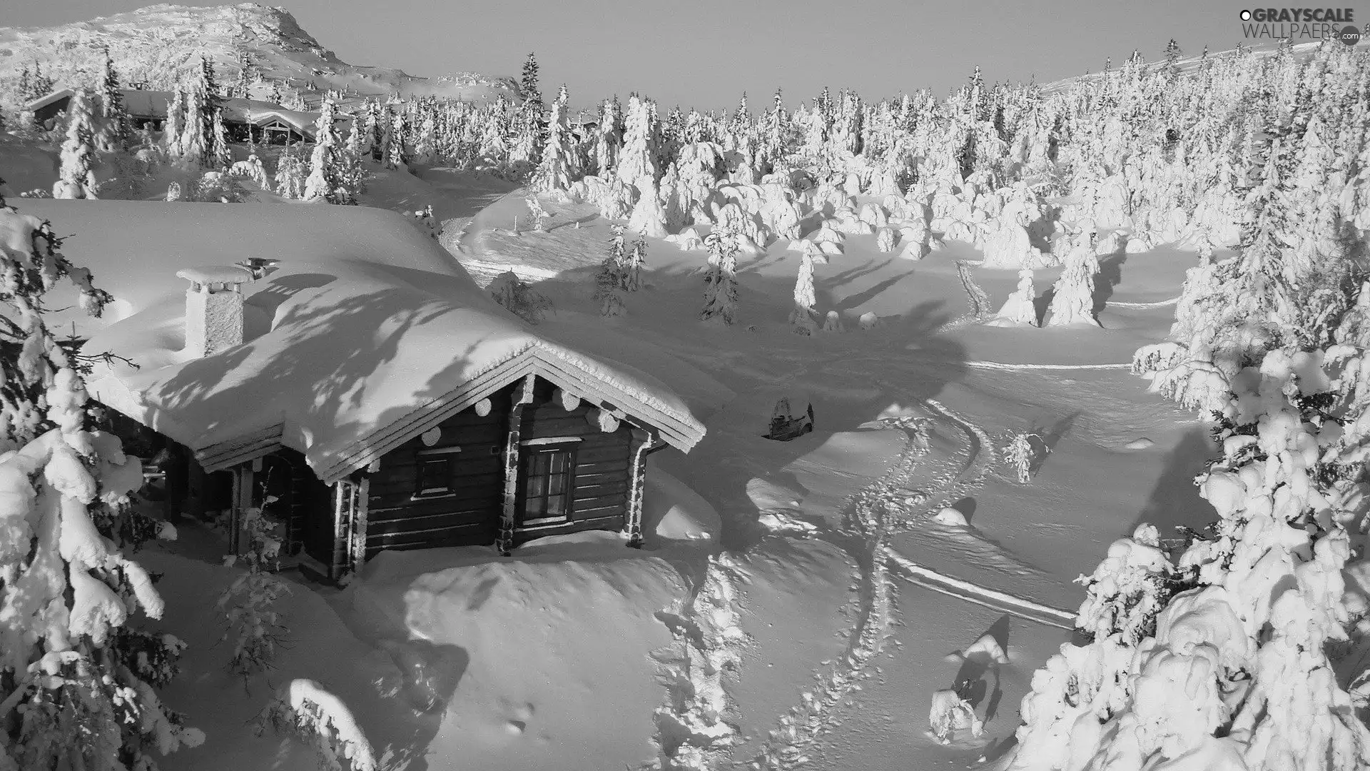 Wooden, Cottage, drifts, snow, Mountains