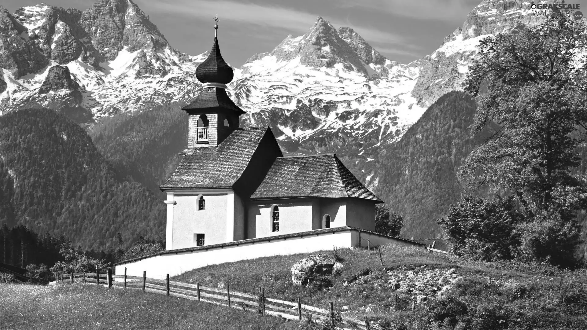 Cerkiew, Austria, wooden, Fance, trees, Mountains