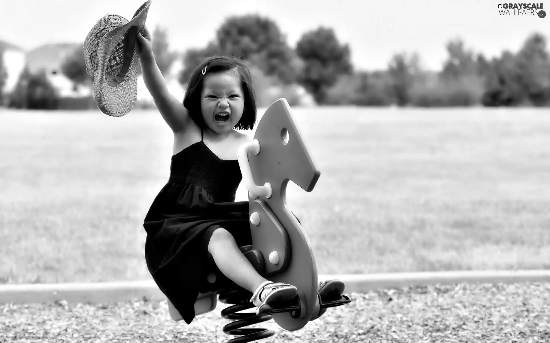 wooden, girl, straw, Hat, sea-horse, play