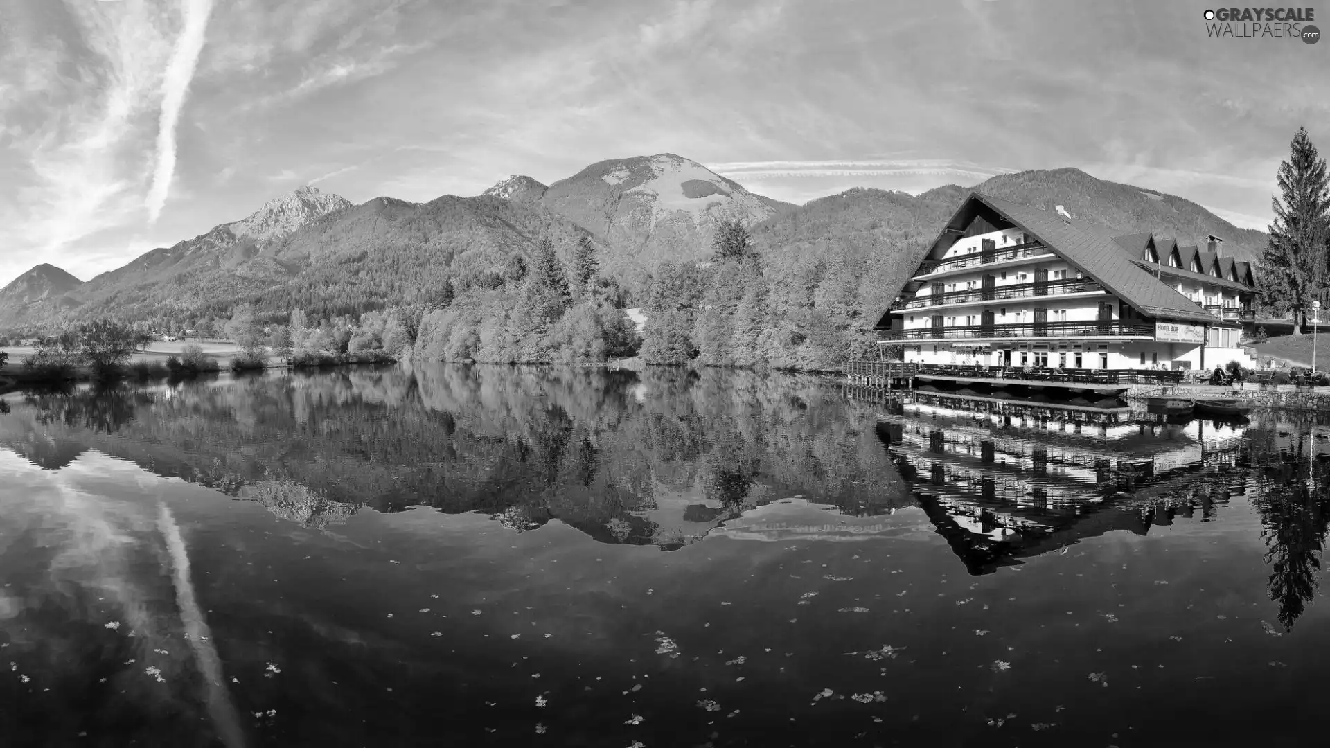 woods, autumn, lake, Mountains, Hotel hall