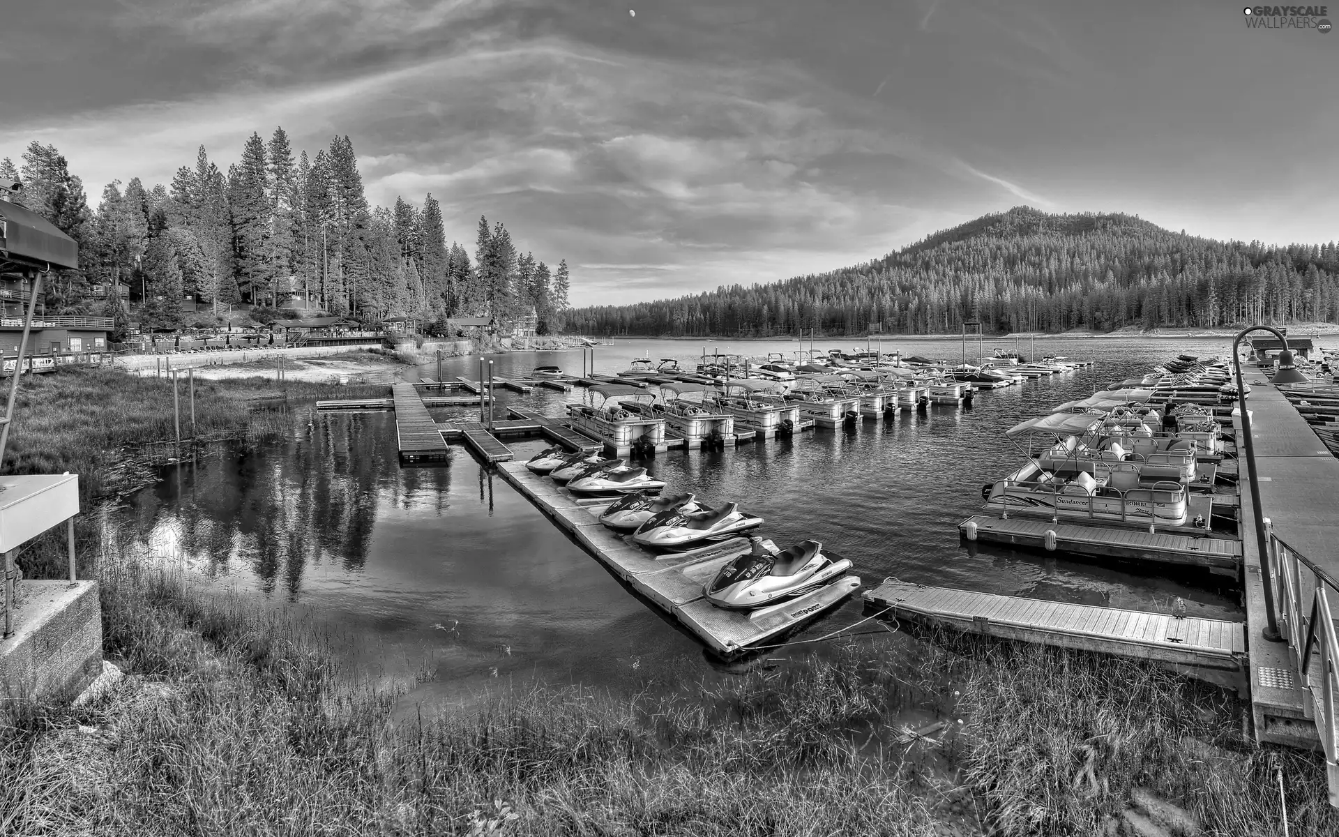 Boats, lake, woods, autumn, motorboat, Harbour