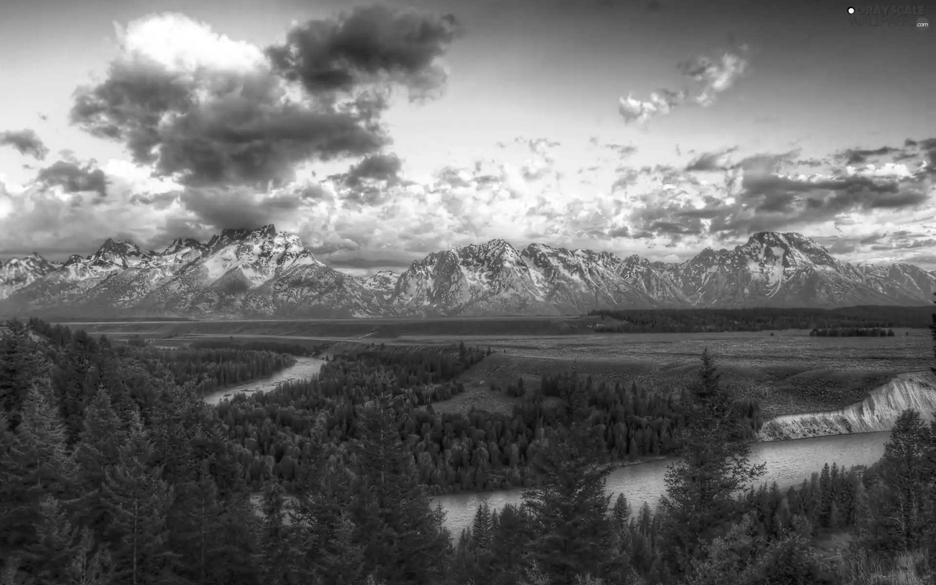 woods, clouds, Mountains, River, high