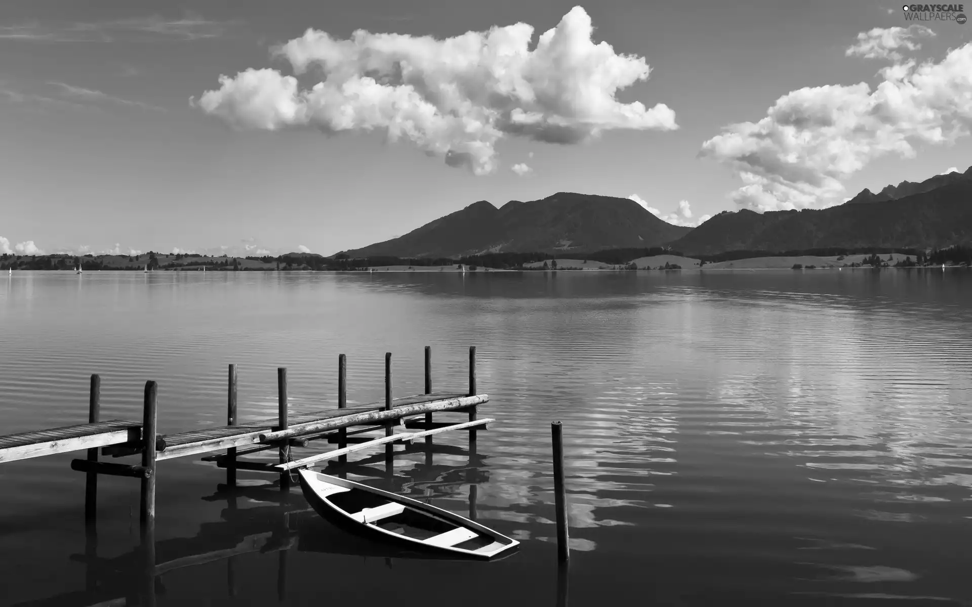 woods, clouds, Boat, Mountains, lake