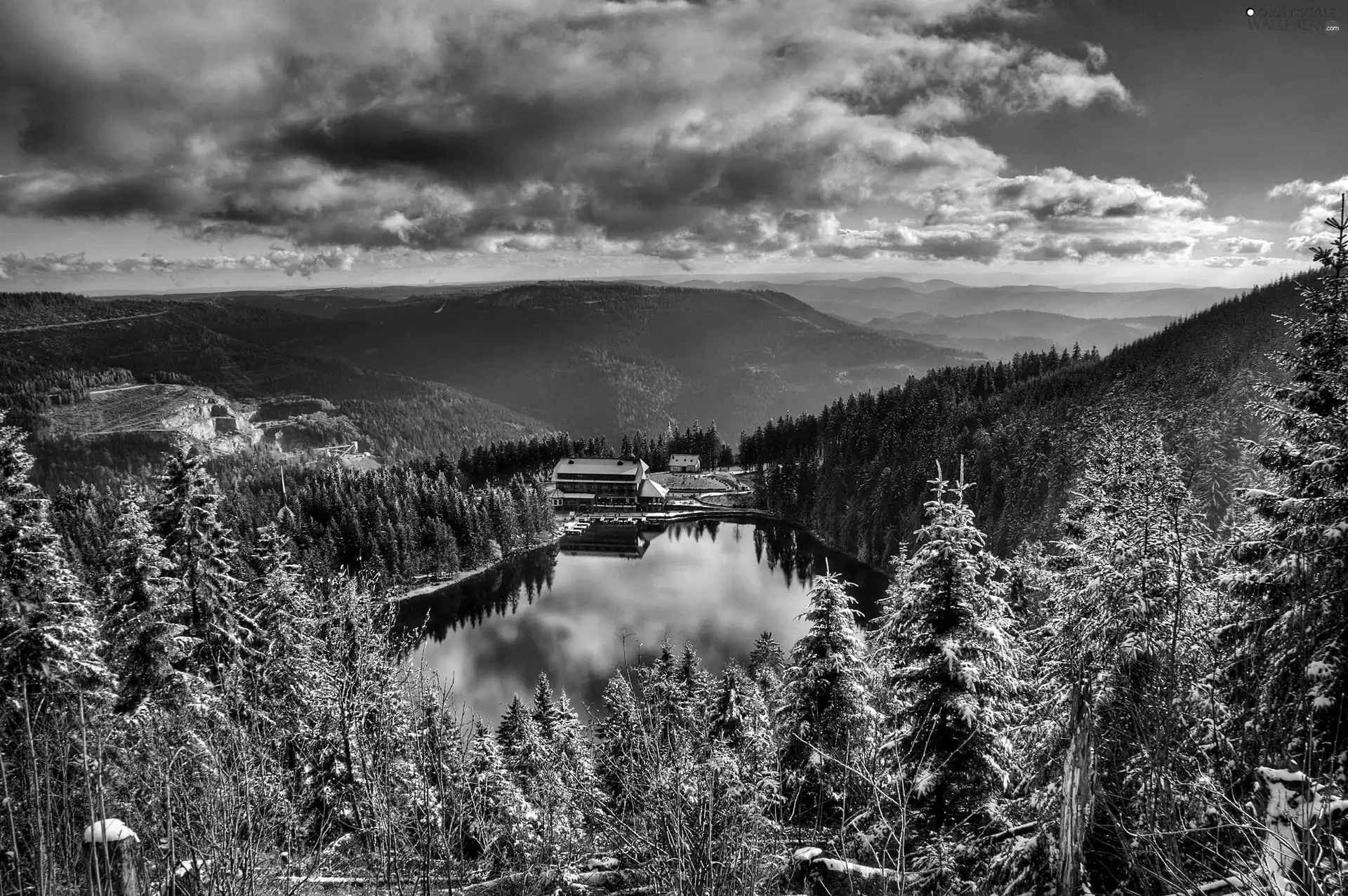 clouds, lake, woods, Mountains