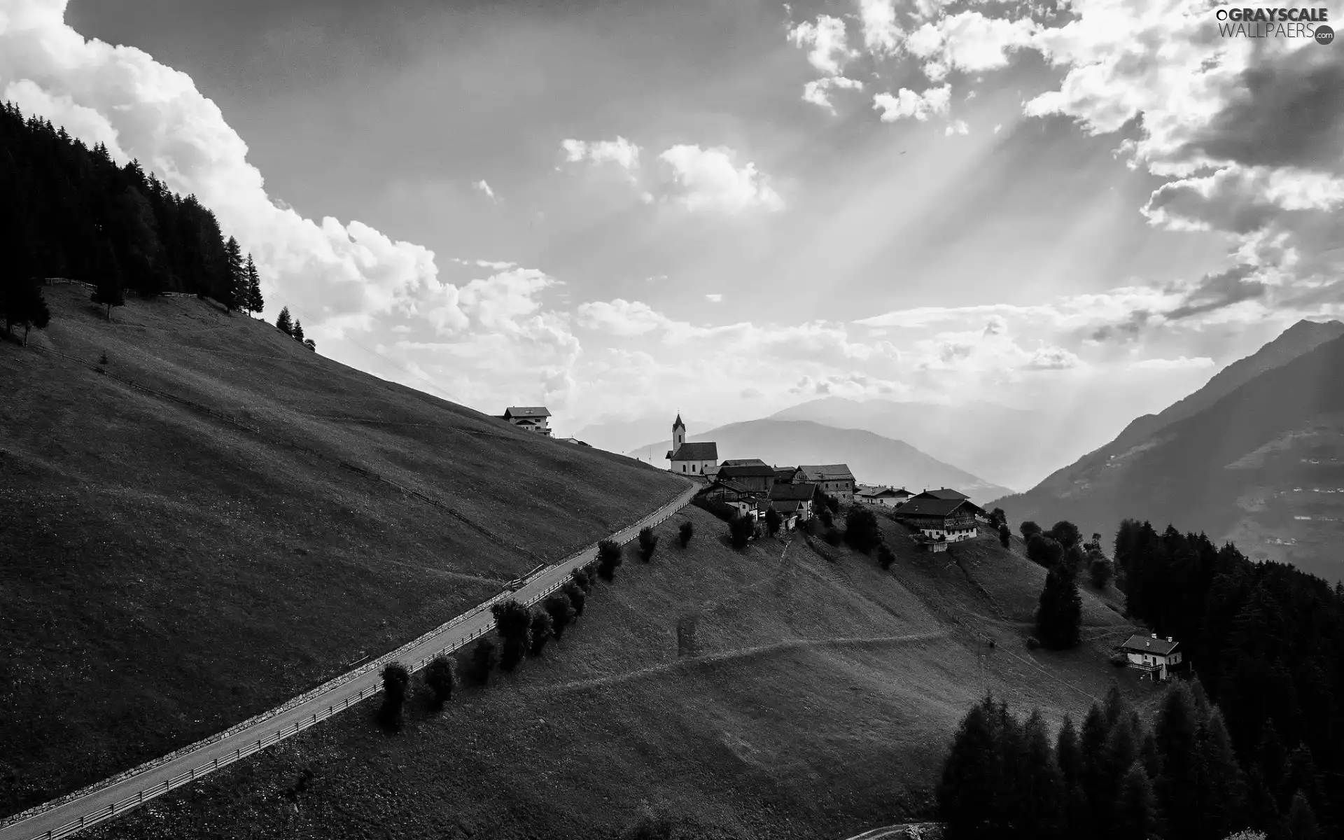 medows, Mountains, woods, clouds, Way, Houses