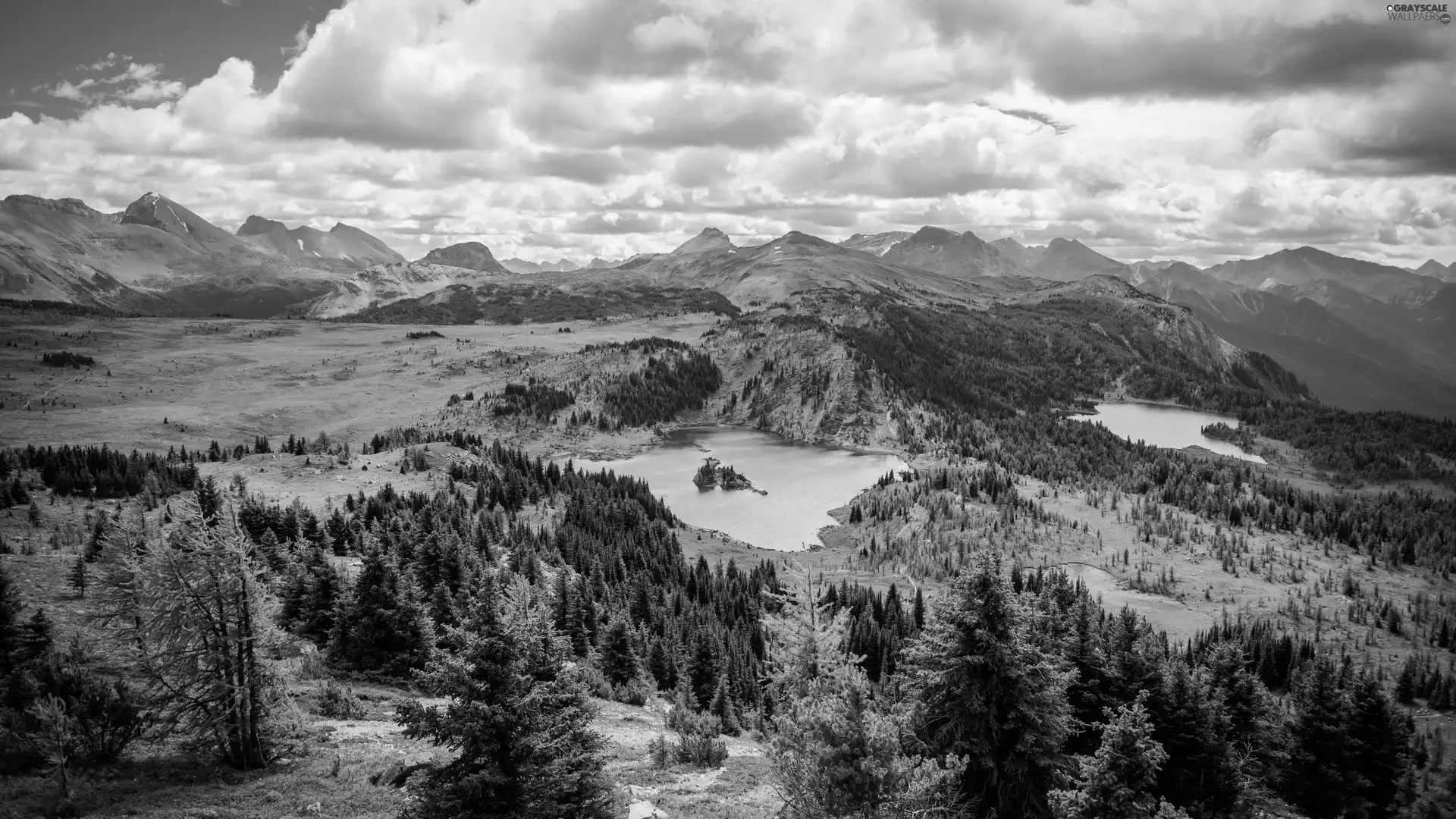 Mountains, lakes, viewes, woods, trees, Islet