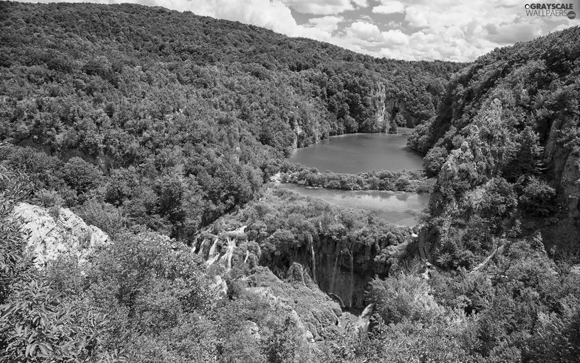 waterfalls, Plitvice Lakes National Park, lakes, trees, clouds, Coartia, woods, green, viewes