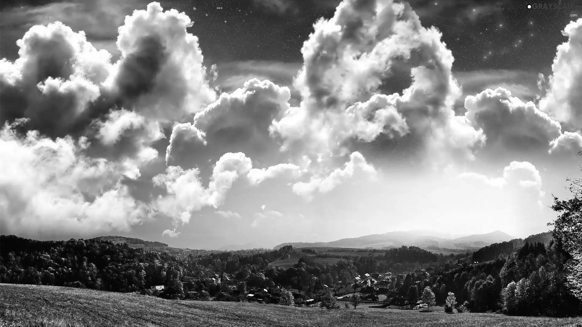 woods, clouds, Mountains