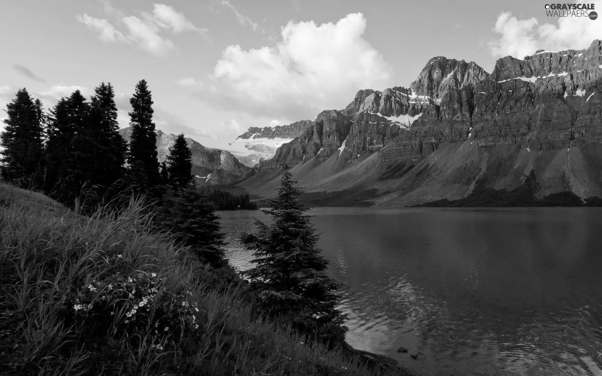 Mountains, lake, woods, clouds