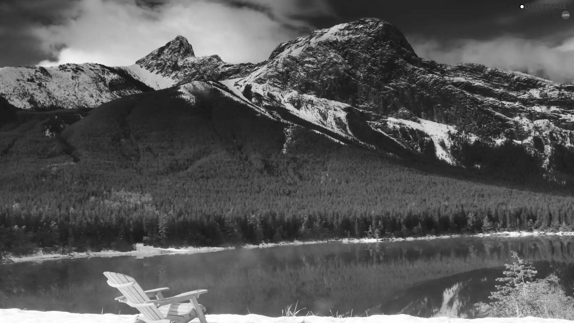 Mountains, River, woods, Snowy