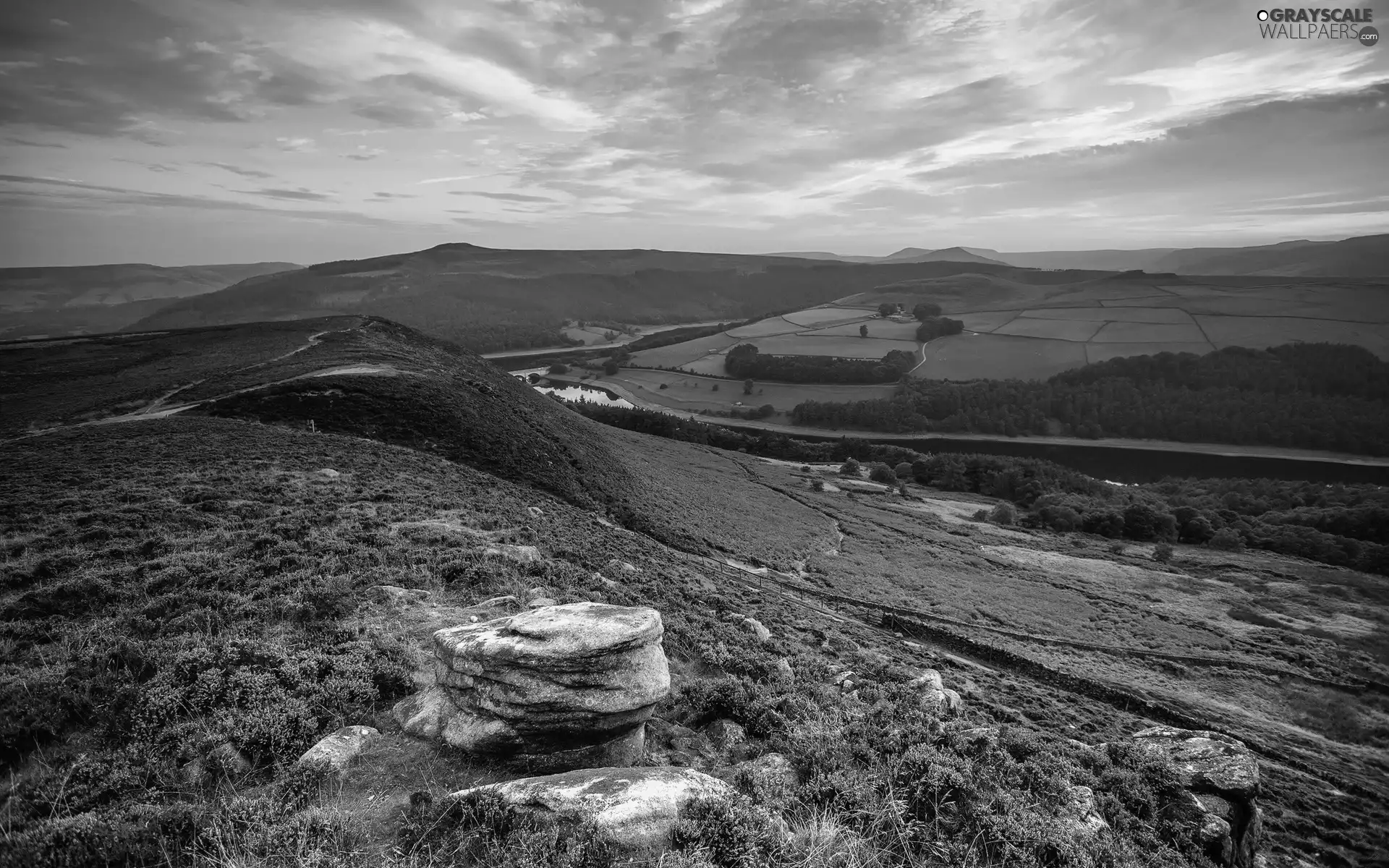 Mountains, woods, England, Valley, sun, field, River, west