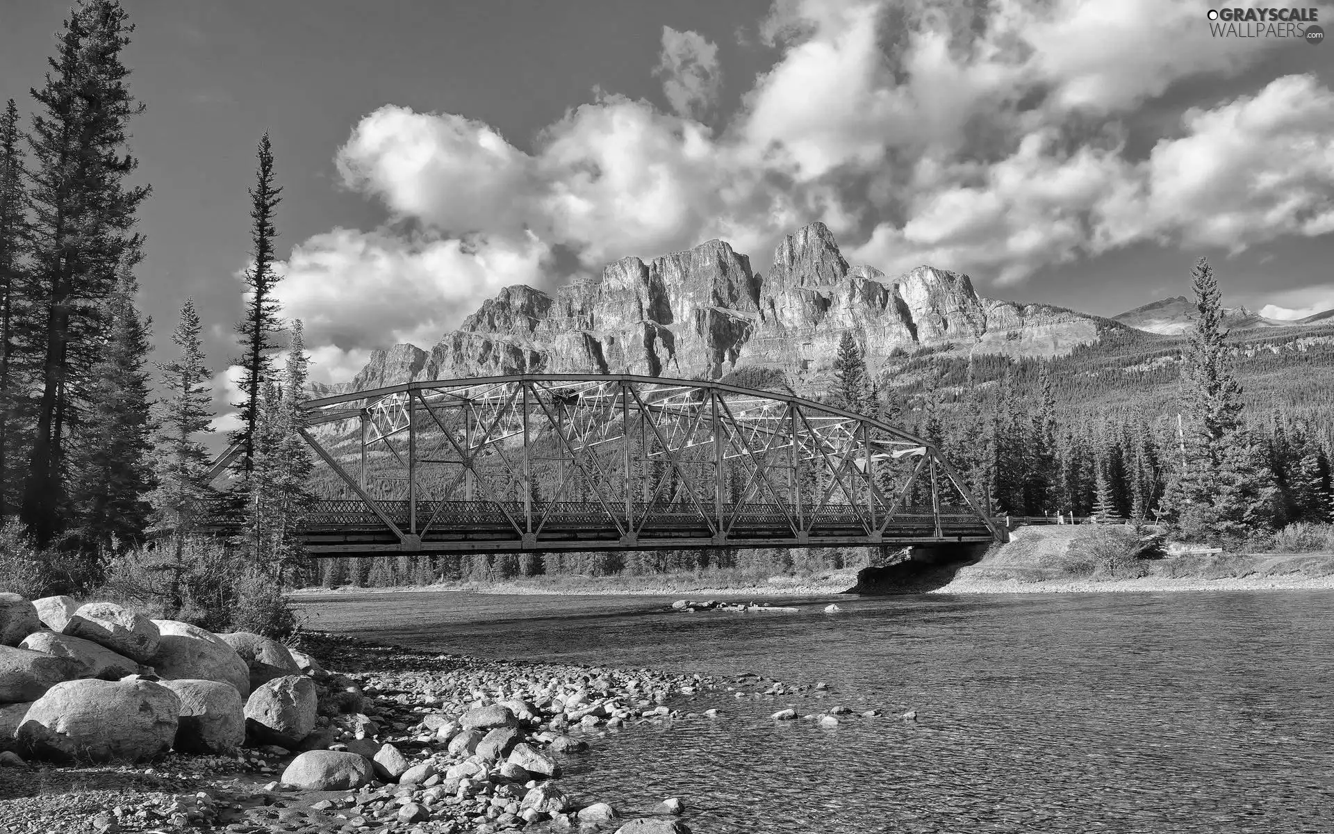 River, Mountains, woods, bridge