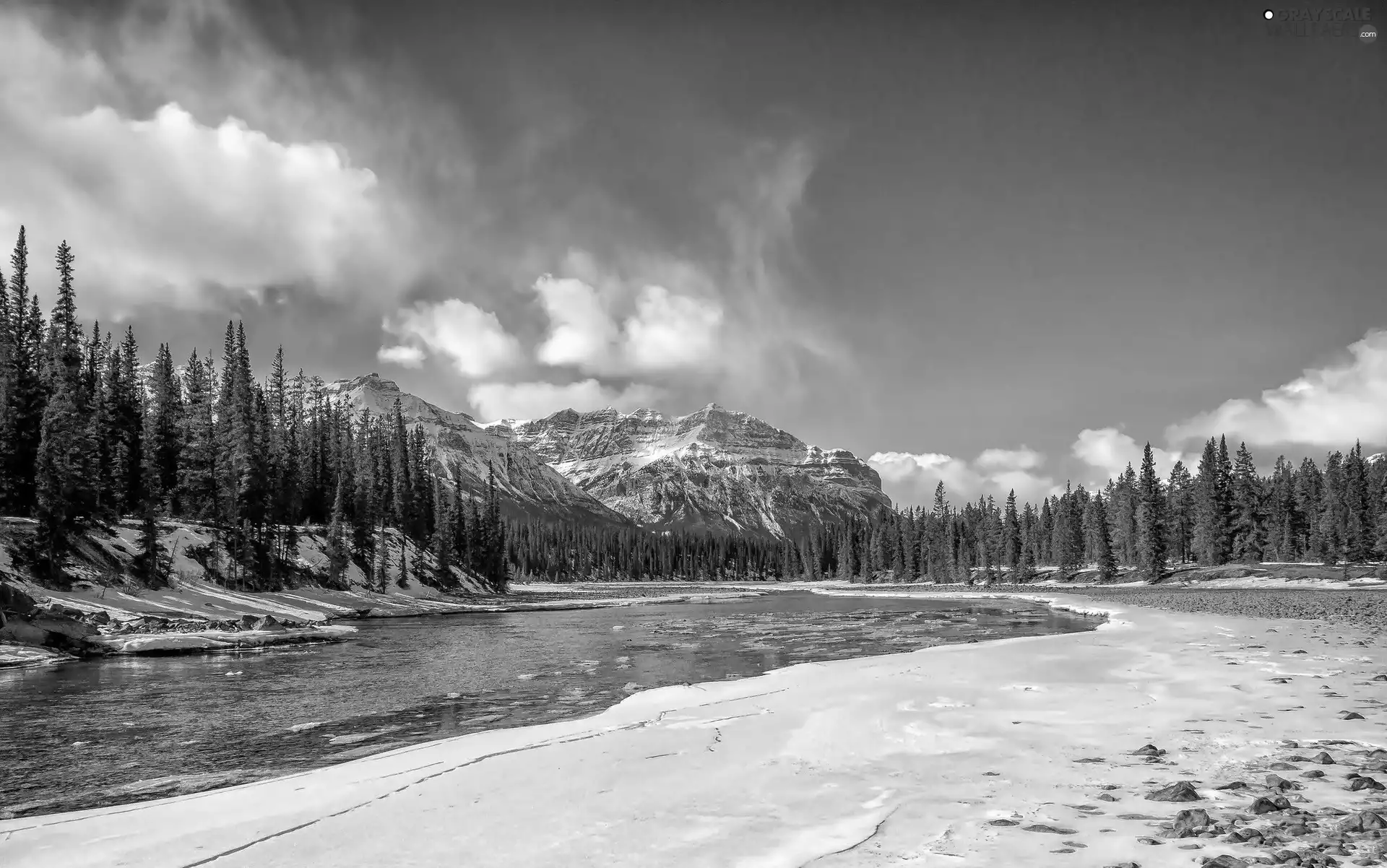 River, Mountains, woods, winter