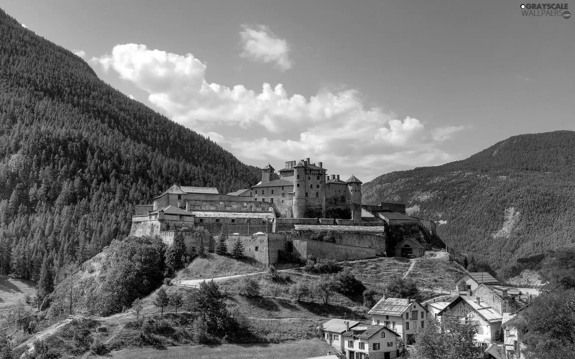 woods, Sky, Houses, Mountains, Castle