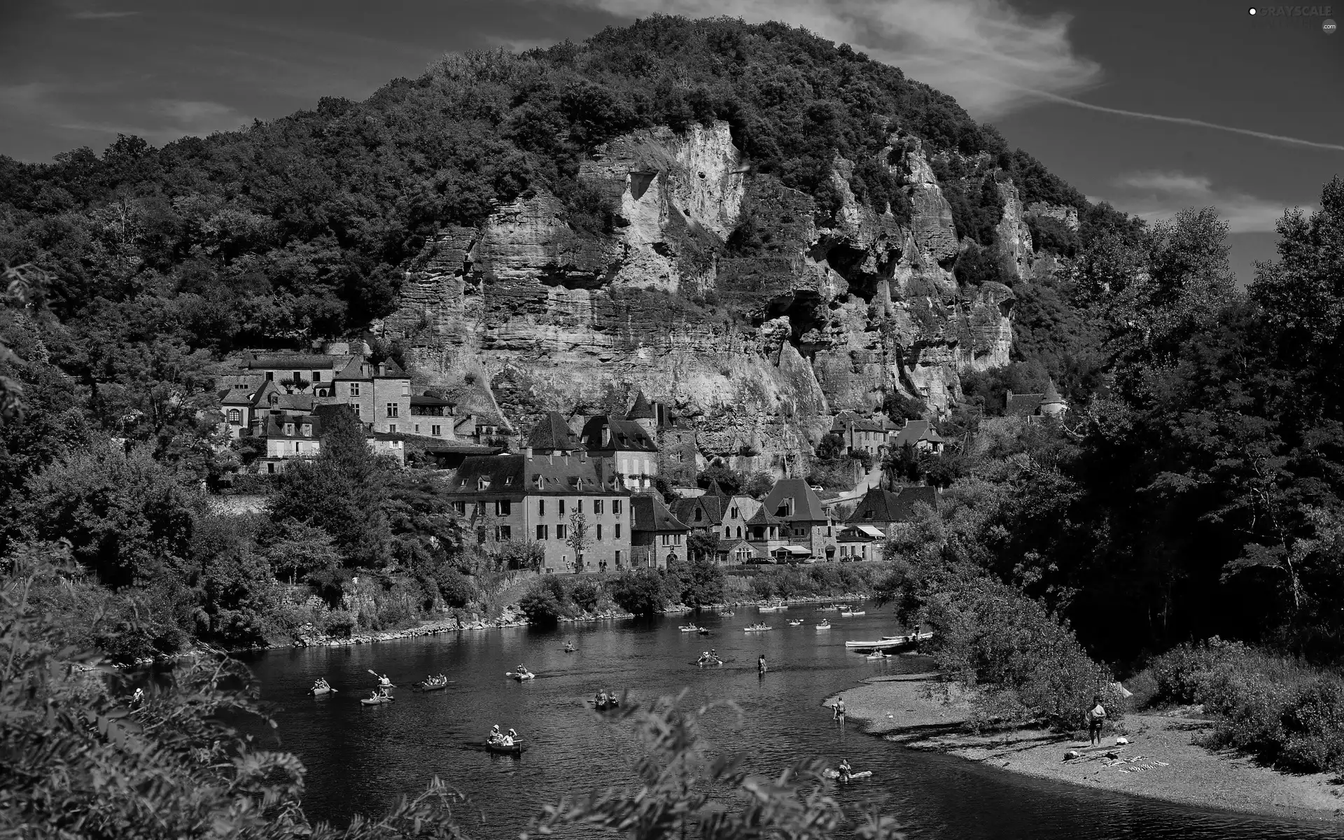 People, River, woods, spa, Rocks, boats