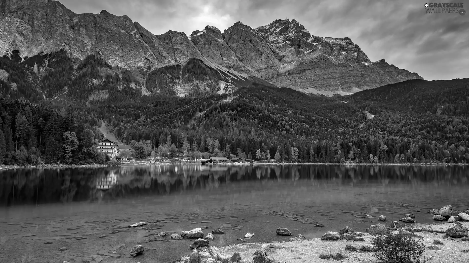 woods, Mountains, house, cable-railway, Bavaria, Germany, Eibsee, Stones, lake