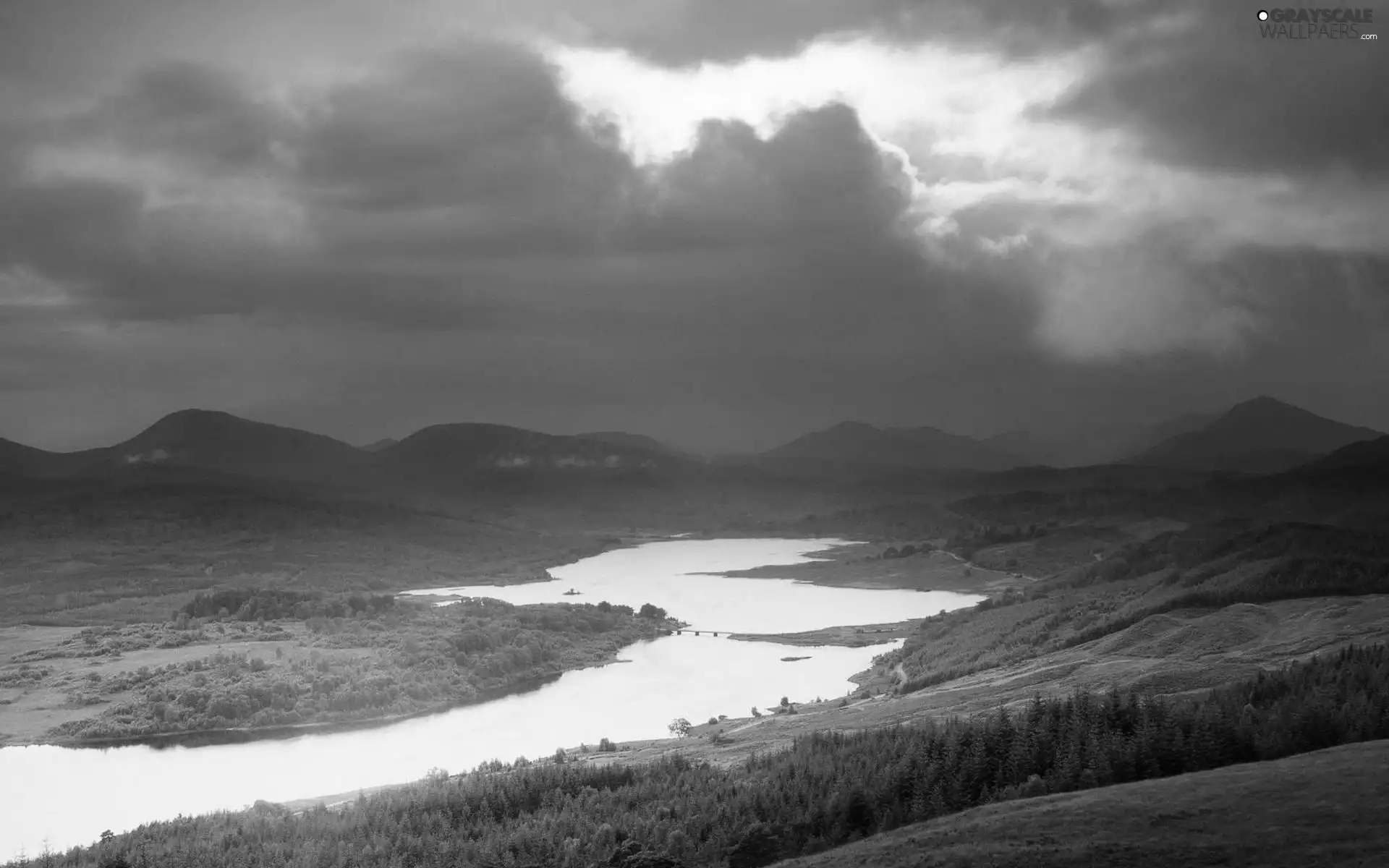 Mountains, bridge, west, medows, lake, woods, sun