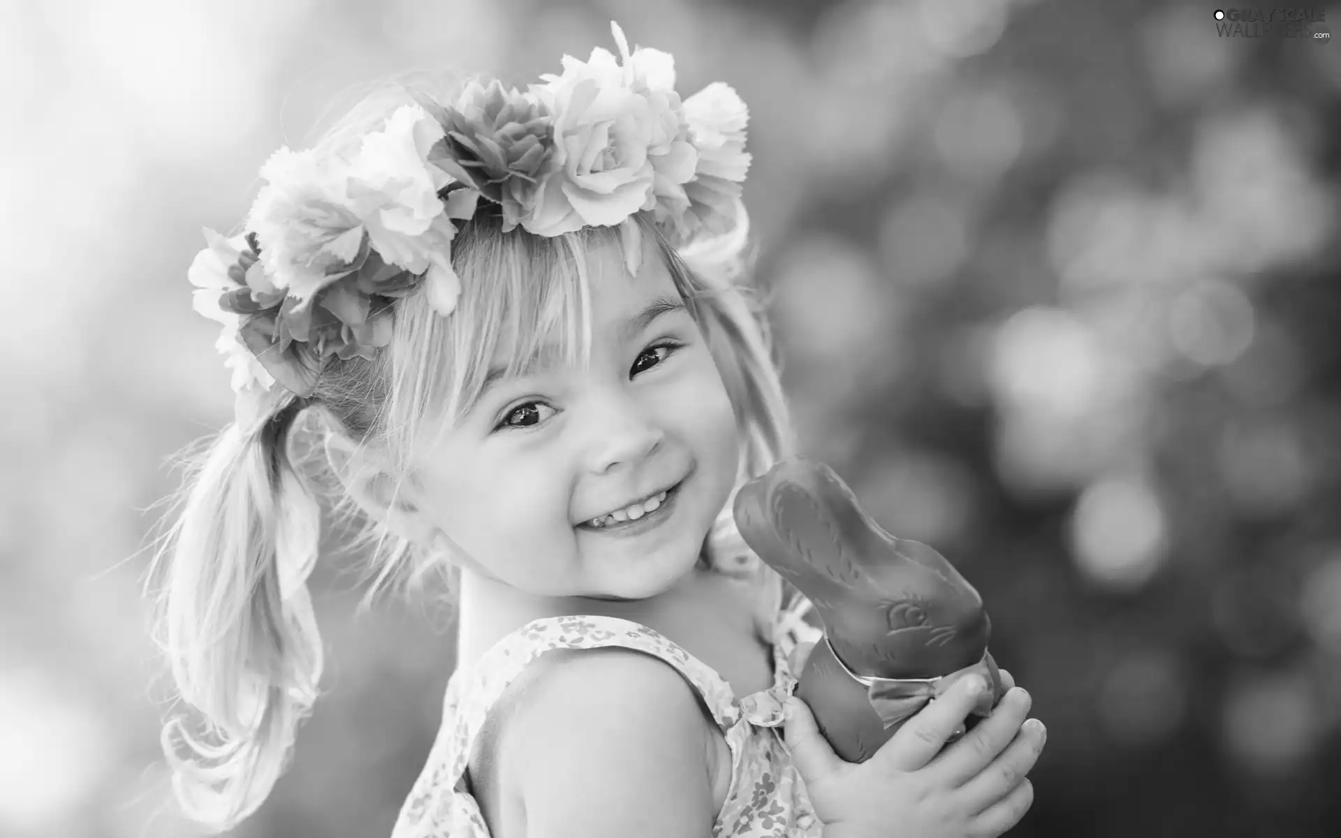 wreath, Flowers, girl, Wild Rabbit, smiling