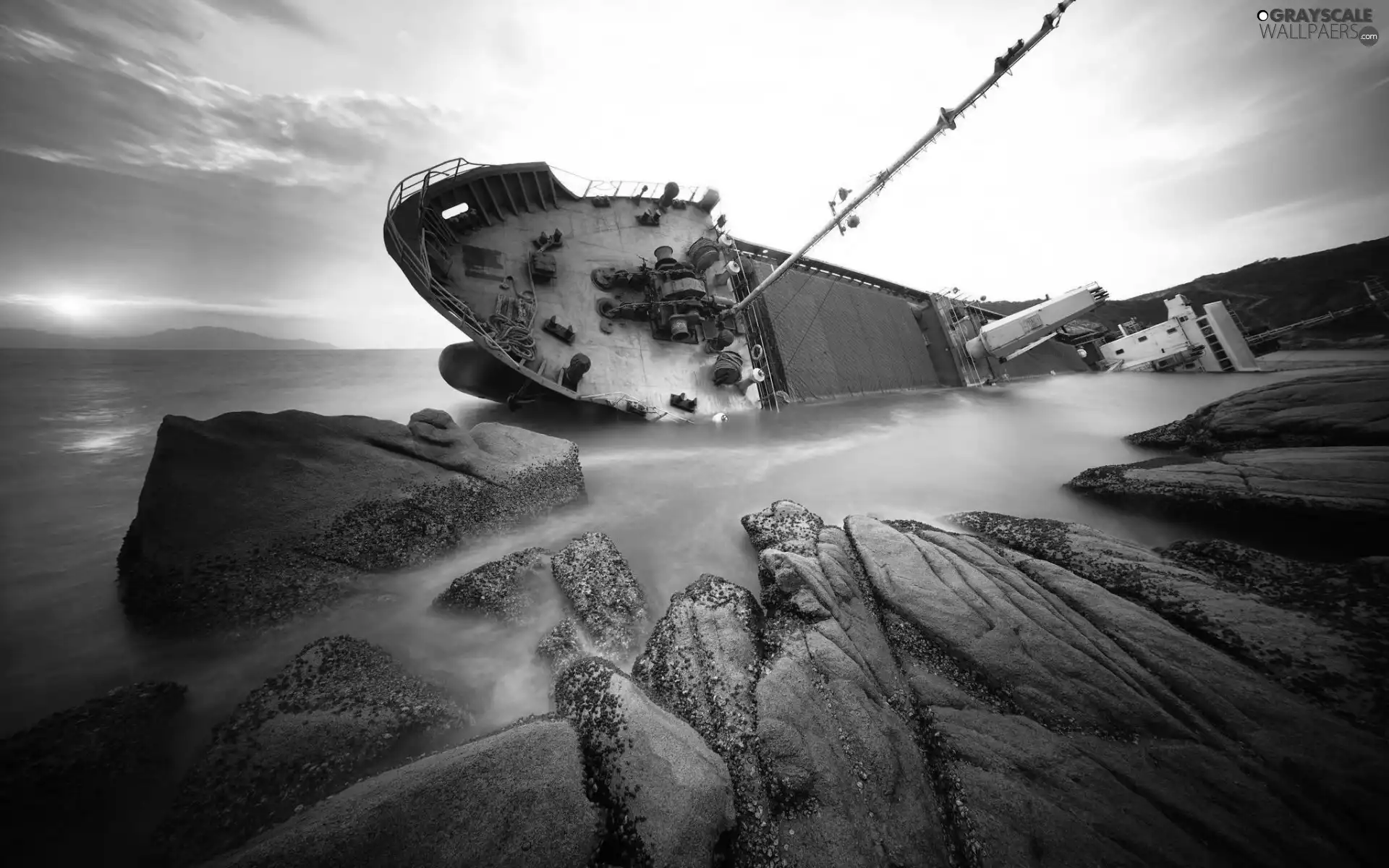 wreck, sea, rocks