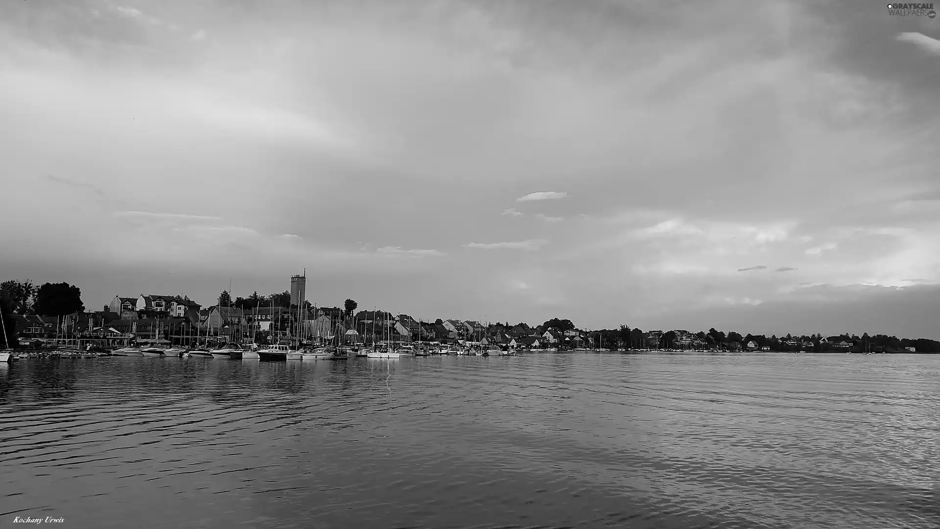 Yachts, Houses, Harbour, motorboat, lake