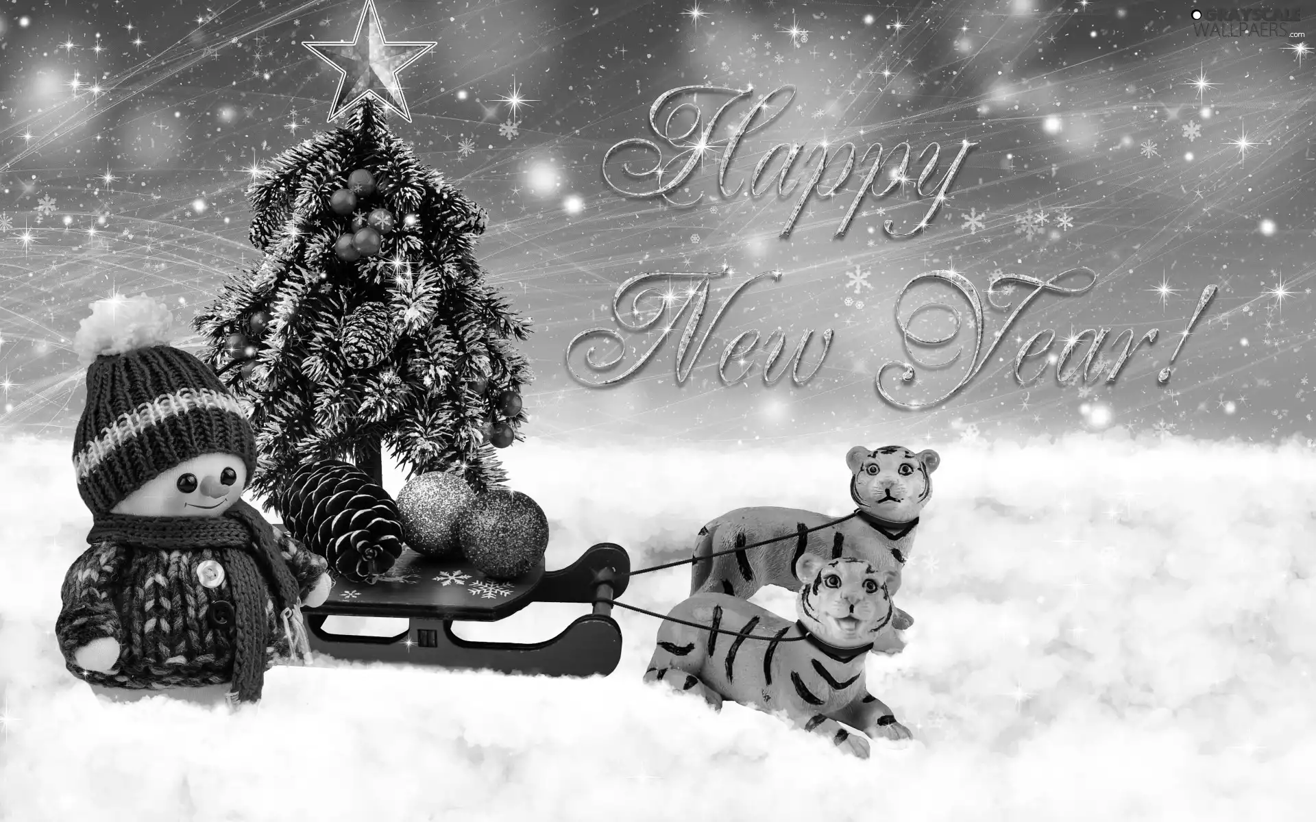 cone, text, sleigh, tigress, christmas tree, New Year, happy new year, Snowman, Two cars, baubles