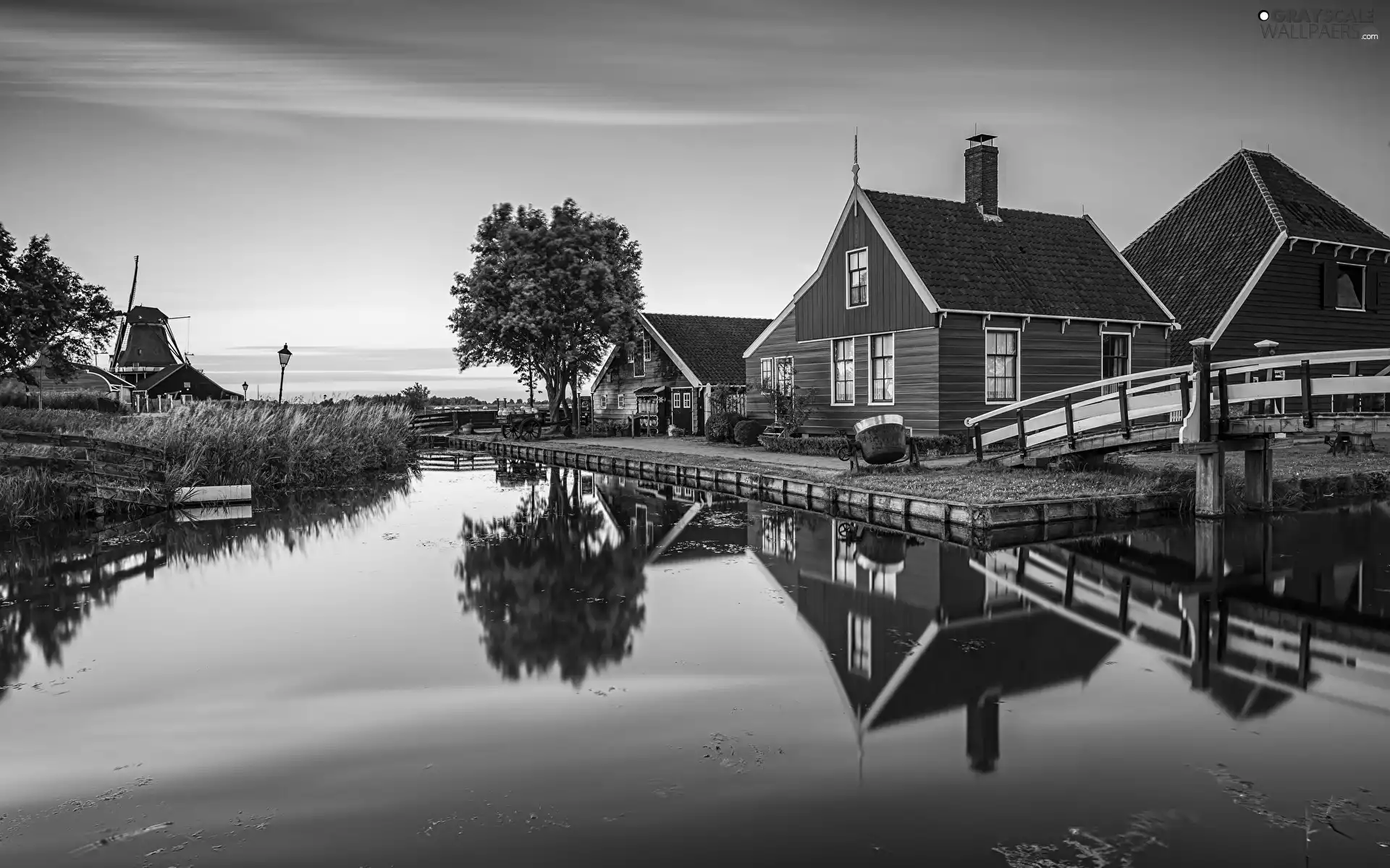 Zaandam, Netherlands, Skansen, Zaanse Schans, trees, viewes, bridge, Houses, River